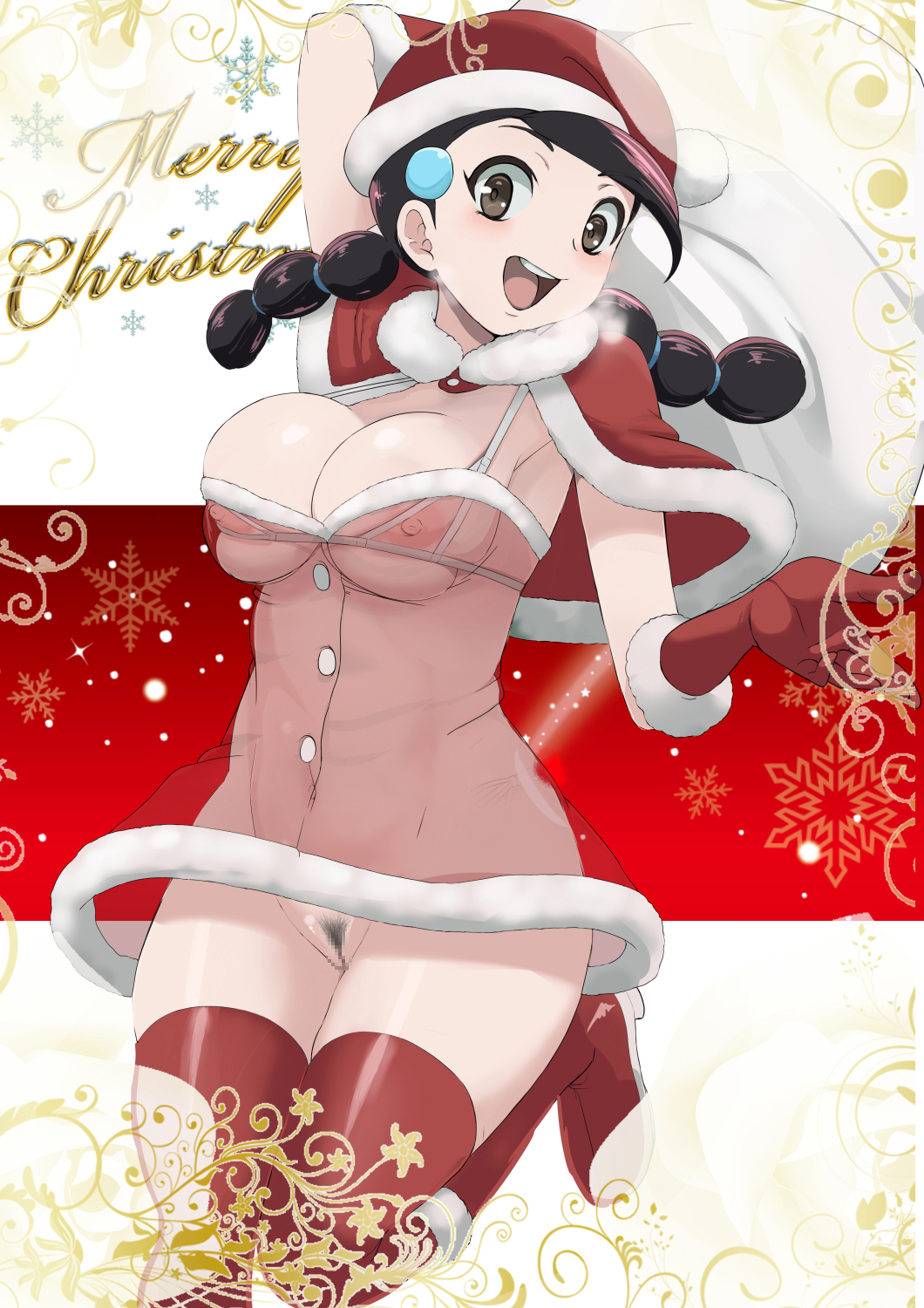 1girl arm_up bangs bikini bikini_top_only black_hair boots breasts brown_eyes candice_(pokemon) capelet christmas clothing_cutout commentary cursive dress english_text fur-trimmed_capelet fur-trimmed_dress fur_trim gloves groin hair_ornament hat highres holding holding_sack large_breasts leg_up long_hair low_twintails makoto_daikichi merry_christmas multi-tied_hair navel navel_cutout nipples no_panties open_mouth over_shoulder pokemon pokemon_(game) pokemon_dppt pubic_hair pussy red_capelet red_footwear red_gloves red_headwear red_thighhighs sack santa_boots santa_dress santa_gloves santa_hat see-through smile snowflake_print snowflakes snowing solo standing standing_on_one_leg string_bikini swept_bangs swimsuit thighhighs twintails