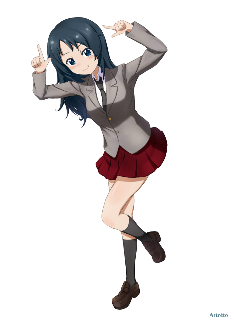 1girl :q alternate_costume arms_up bangs black_footwear black_necktie blazer blue_eyes blue_hair closed_mouth commentary_request dress_shirt freckles full_body girls_und_panzer grey_jacket grey_socks index_fingers_together jacket leaning_forward leg_up loafers long_hair long_sleeves looking_at_viewer miniskirt necktie partial_commentary pleated_skirt realeyes_mondogrosso red_skirt saunders_school_uniform school_uniform shirt shoes simple_background skirt smile socks solo standing standing_on_one_leg tongue tongue_out white_background white_shirt wing_collar yamagou_ayumi