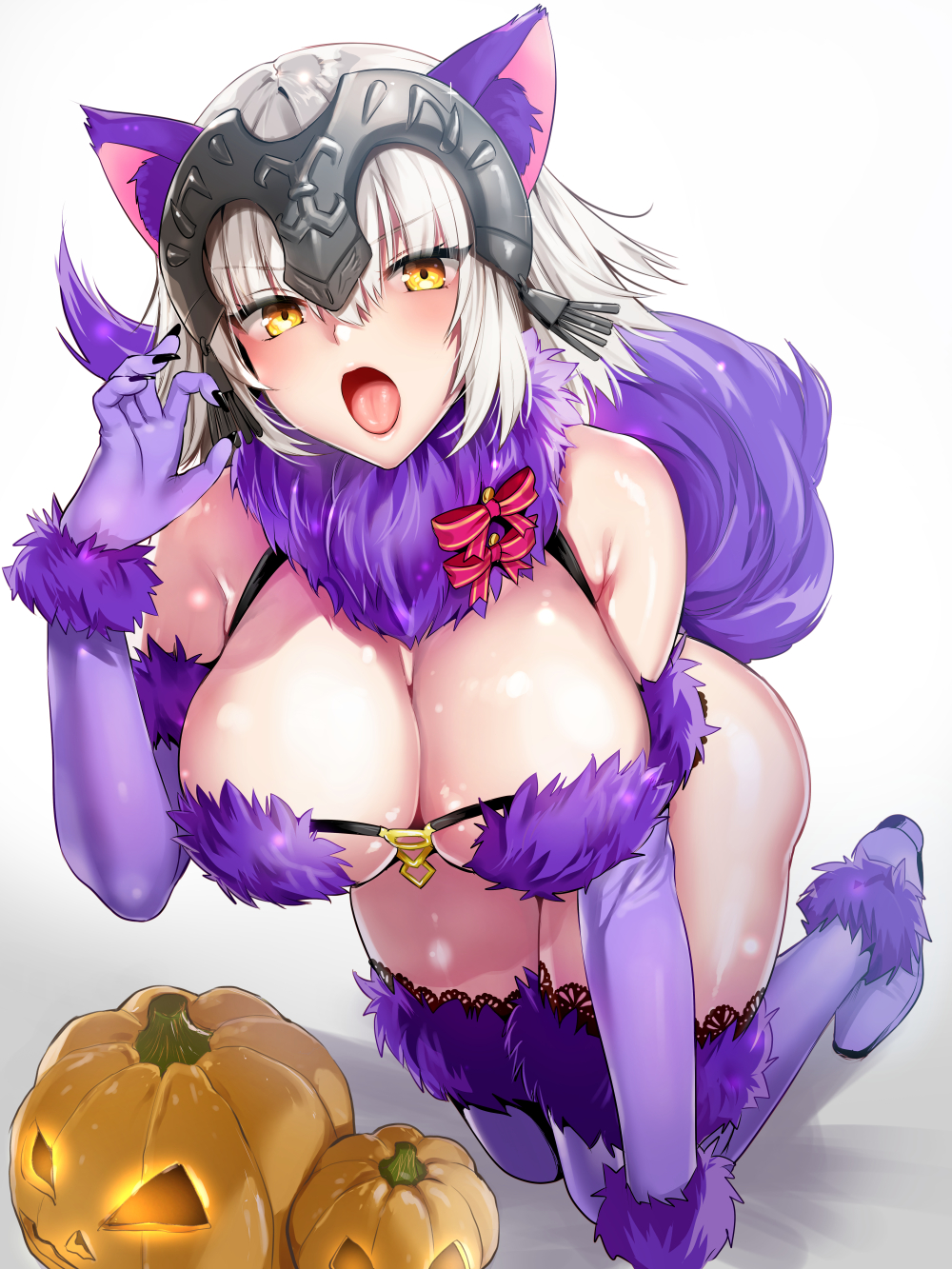 1girl all_fours animal_ears blush breasts cosplay elbow_gloves fate/grand_order fate_(series) fingernails fur_trim gloves halloween_costume headpiece highres jack-o'-lantern jeanne_d'arc_alter_(avenger)_(fate) jeanne_d'arc_alter_(fate) kojima_saya large_breasts looking_at_viewer mash_kyrielight mash_kyrielight_(dangerous_beast) mash_kyrielight_(dangerous_beast)_(cosplay) open_mouth pumpkin purple_gloves purple_tail purple_thighhighs revealing_clothes sharp_fingernails short_hair simple_background solo tail tail_raised thighhighs tongue tongue_out white_background white_hair wolf_ears wolf_tail yellow_eyes