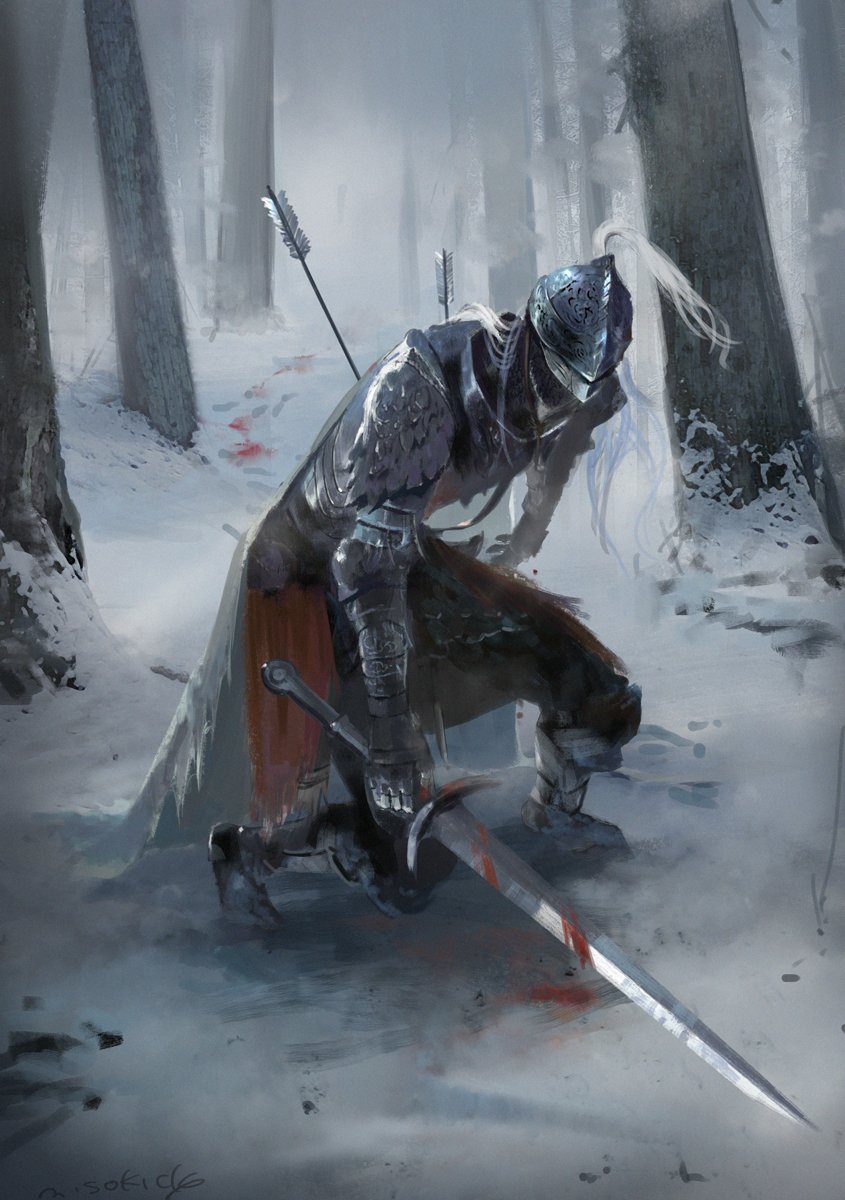 1other ambiguous_gender armor arrow_in_body blood blood_on_weapon blood_trail bloody_wolf_(elden_ring) cape elden_ring facing_viewer fighting_stance full_armor full_body helmet highres holding holding_sword holding_weapon miso_katsu snow sword tarnished_(elden_ring) tree waist_cape weapon white_cape