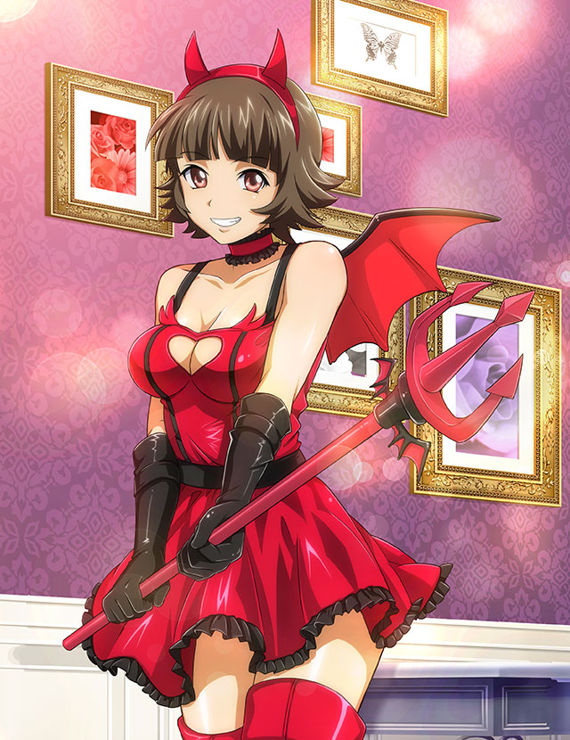 1girl black_gloves breasts brown_hair choker chouhi_ekitoku cleavage cleavage_cutout clothing_cutout collarbone dress elbow_gloves fake_horns frilled_choker frilled_dress frills gloves grin hairband holding horns ikkitousen indoors lens_flare looking_at_viewer medium_breasts red_choker red_dress red_eyes red_hairband red_thighhighs red_wings shiny shiny_hair short_dress short_hair sleeveless sleeveless_dress smile solo standing thighhighs wings zettai_ryouiki