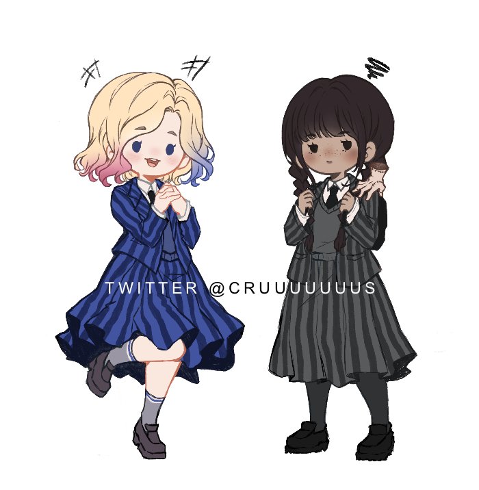 2girls :d addams_family bangs black_footwear black_hair black_jacket black_necktie black_pantyhose black_skirt black_vest blonde_hair blue_hair blue_jacket blue_skirt blush braid collared_shirt criis-chan enid_sinclair freckles hands_up happy jacket long_hair multicolored_hair multiple_girls necktie open_clothes open_jacket own_hands_together pantyhose pink_hair shirt simple_background skirt smile socks squiggle standing standing_on_one_leg striped striped_jacket striped_skirt teeth tongue twin_braids upper_teeth vest wednesday_(netflix) wednesday_addams white_shirt