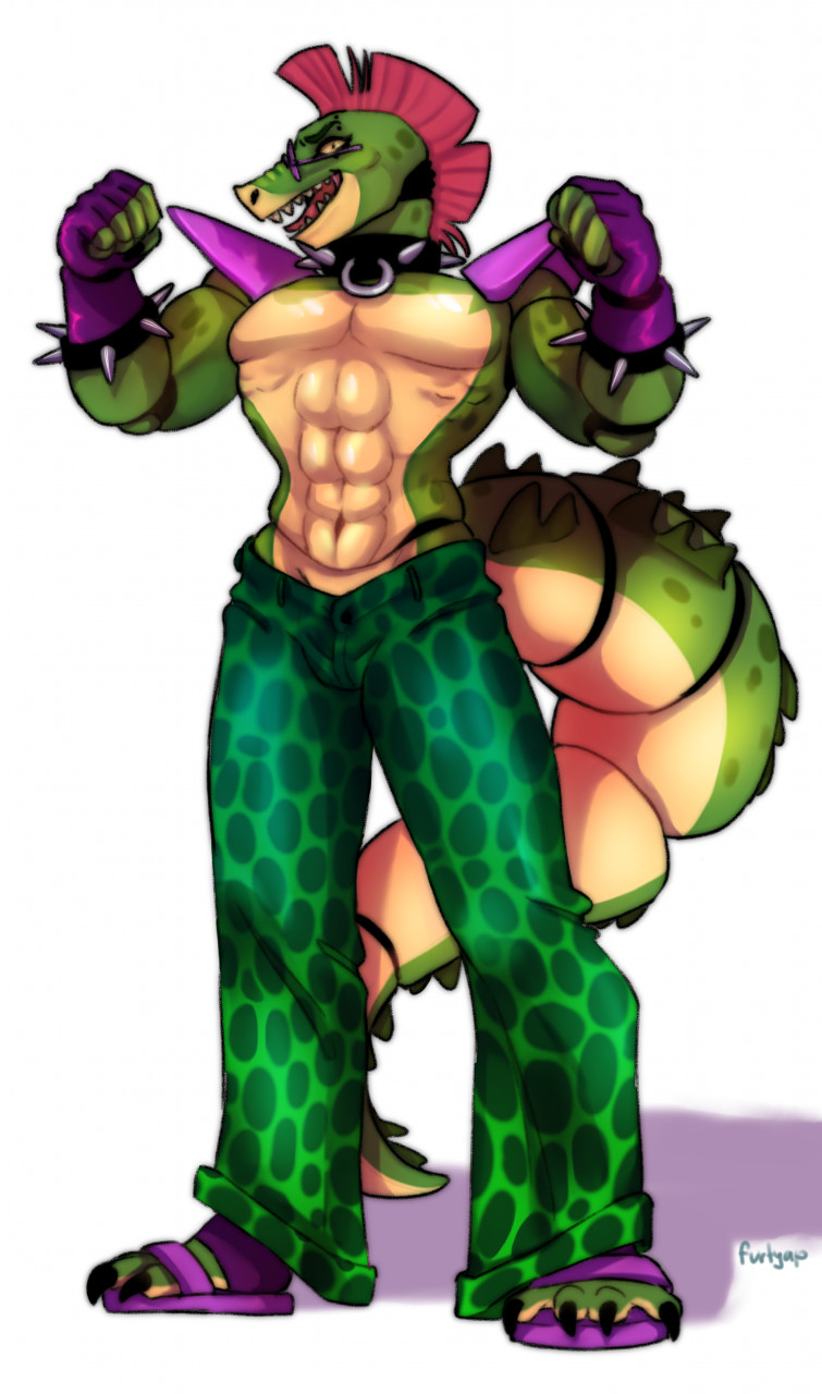 abs alligator alligatorid animatronic anthro big_tail black_eyes bottomwear bracelet clothing crocodilian eyewear fingerless_gloves five_nights_at_freddy's five_nights_at_freddy's:_security_breach footwear furtyap gloves green_body green_bottomwear green_clothing green_pants hair handwear hi_res jewelry long_tail looking_at_viewer machine male mohawk montgomery_gator_(fnaf) muscular muscular_male navel open_mouth pants pink_hair purple_clothing purple_footwear purple_gloves purple_handwear purple_sandals reptile robot sandals scalie scottgames sharp_teeth shoulder_pads simple_background solo spiked_bracelet spikes sunglasses tan_body teeth video_games white_background yellow_sclera