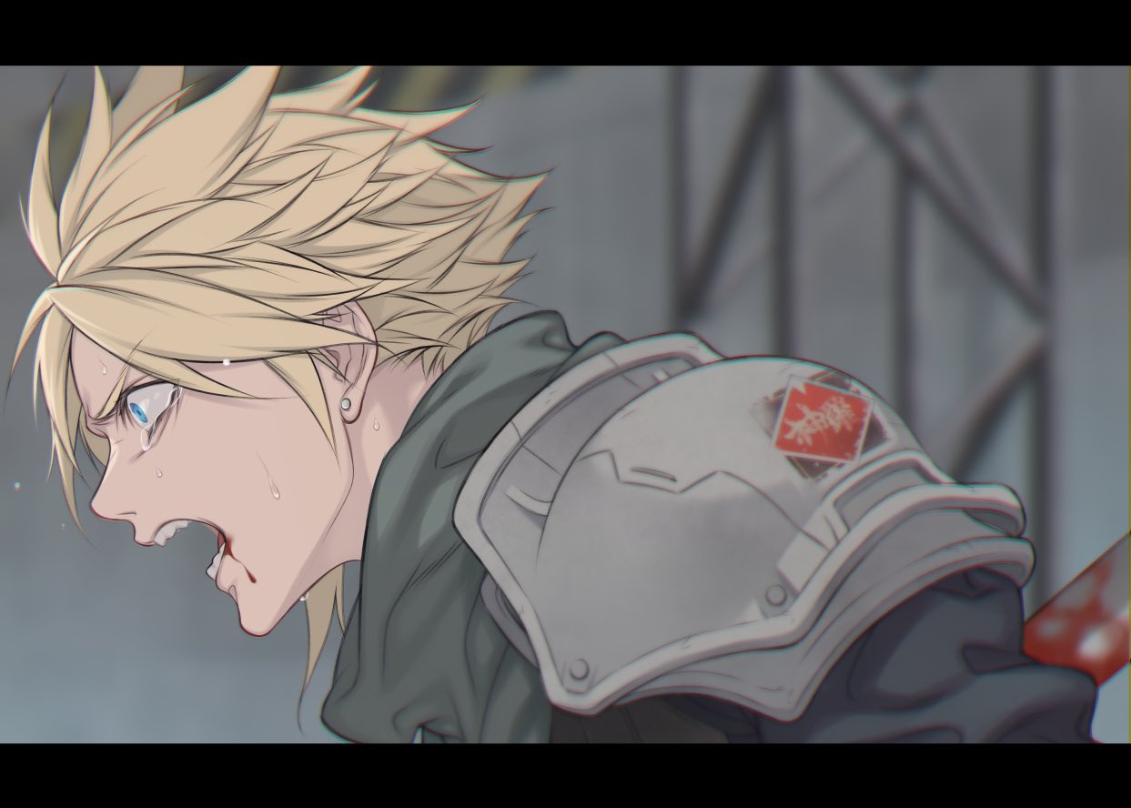 1boy armor blonde_hair blood blood_from_mouth blue_shirt cloud_strife crisis_core_final_fantasy_vii earrings facing_to_the_side final_fantasy final_fantasy_vii furrowed_brow green_scarf jewelry kiki_lala letterboxed lower_teeth male_focus open_mouth profile scarf shirt short_hair shoulder_armor shouting single_earring solo spiked_hair tears teeth upper_body upper_teeth wide-eyed