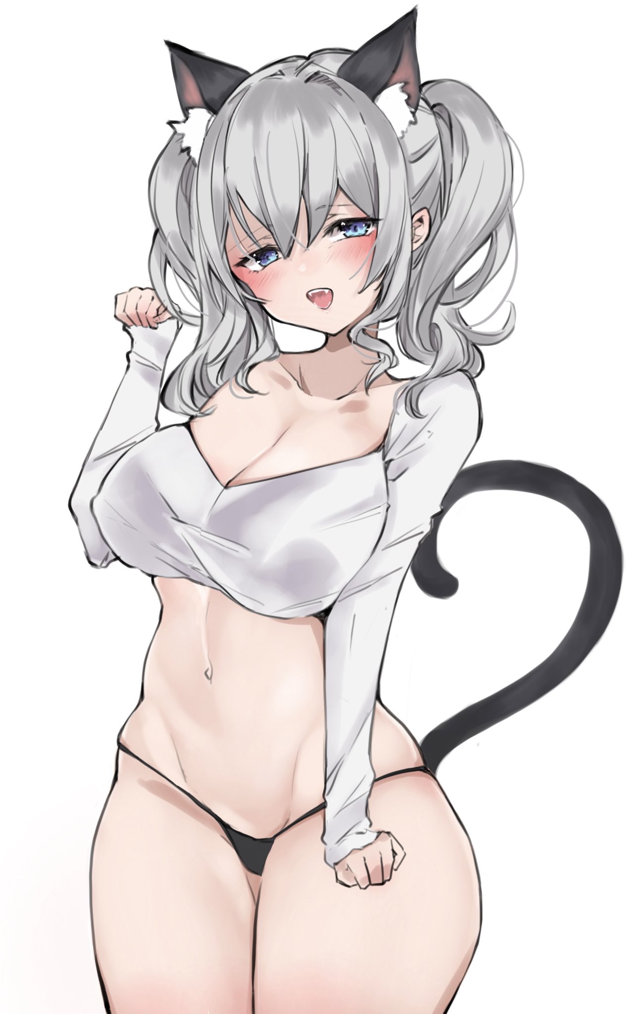 1girl alternate_costume animal_ears black_panties blouse blue_eyes breasts cat_ears cat_tail chigasaki_yukari cleavage commentary_request cowboy_shot grey_hair highres kantai_collection kashima_(kancolle) large_breasts long_hair long_sleeves looking_at_viewer no_pants panties shirt sidelocks solo standing tail twintails underwear wavy_hair white_shirt