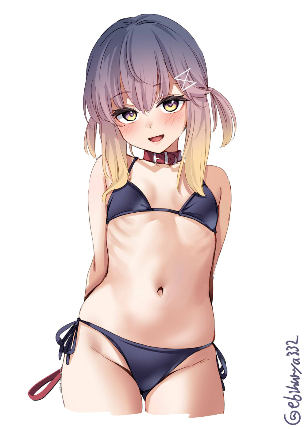 1girl alternate_costume arms_behind_back ass_visible_through_thighs bare_shoulders bikini black_bikini collar cropped_legs ebifurya flat_chest gradient_eyes gradient_hair hair_ornament hairclip heart heart-shaped_pupils highres holding holding_leash kantai_collection leash looking_at_viewer multicolored_eyes multicolored_hair navel one-hour_drawing_challenge open_mouth red_collar short_hair simple_background solo swimsuit symbol-shaped_pupils tsushima_(kancolle) twitter_username white_background