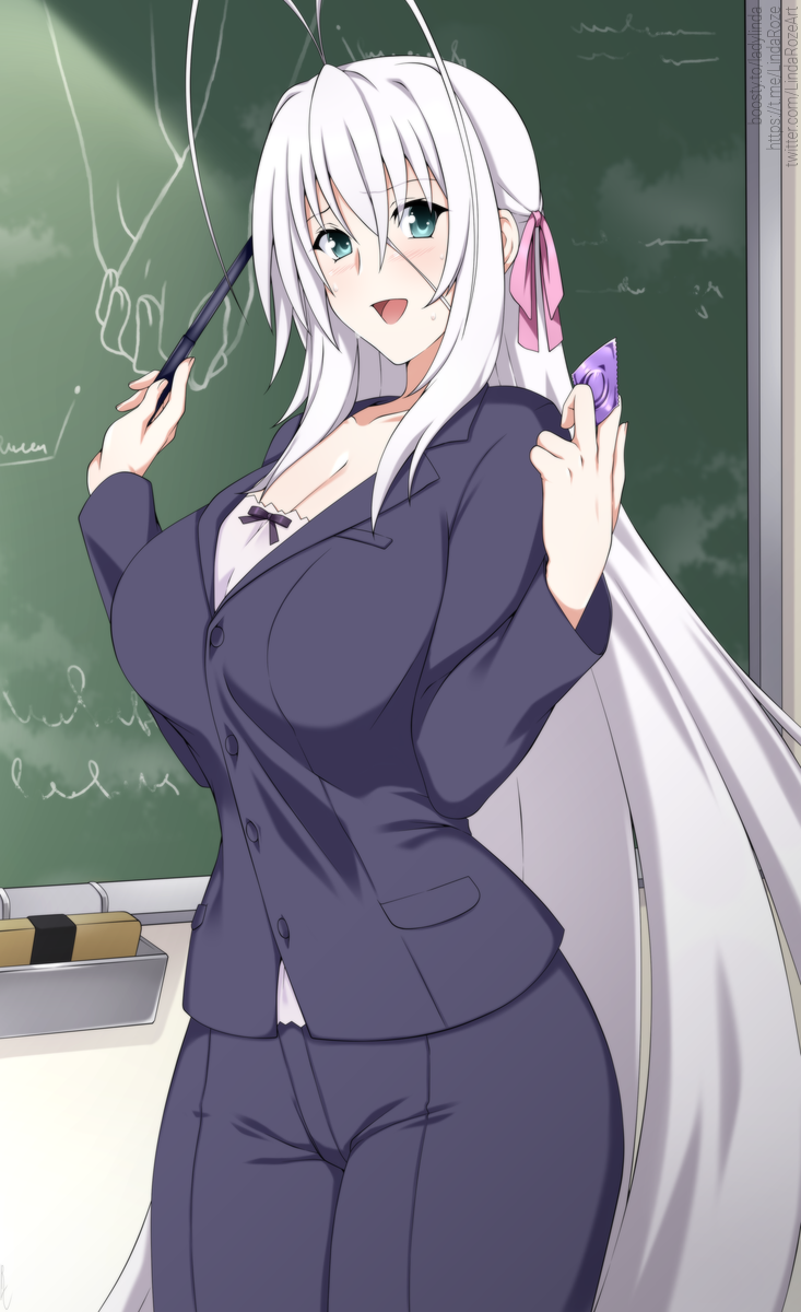 1girl :d blush breasts chalkboard classroom cleavage commission condom condom_wrapper hair_ribbon high_school_dxd highres holding holding_condom holding_hands_is_lewd holding_pointer indoors jacket large_breasts lindaroze long_hair looking_at_viewer open_mouth pants pink_ribbon pointer ribbon rossweisse smile solo standing teacher very_long_hair