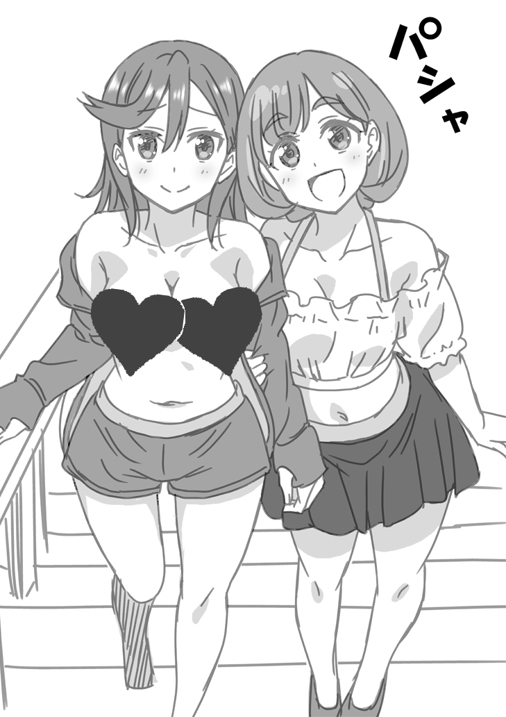 2girls bare_shoulders bikini bikini_shorts bikini_skirt blush breasts censored closed_mouth collarbone commentary greyscale hand_on_railing heads_together heart heart_censor holding_another's_arm jacket looking_at_viewer love_live! love_live!_superstar!! marugoshi_teppei medium_breasts medium_hair monochrome multiple_girls navel open_clothes open_jacket open_mouth shibuya_kanon shiny shiny_hair short_hair shorts smile sound_effects swimsuit taking_picture tang_keke white_background