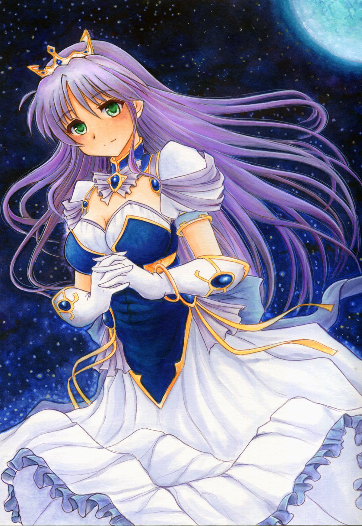 1girl august_soft bow breasts choker crown detached_collar dress elbow_gloves fd_(fd_sanmaru) feena_fam_earthlight gloves green_eyes highres jewelry large_breasts light_purple_hair long_hair looking_at_viewer moon own_hands_clasped own_hands_together princess puffy_short_sleeves puffy_sleeves purple_hair short_sleeves solo tiara white_gloves yoake_mae_yori_ruri_iro_na