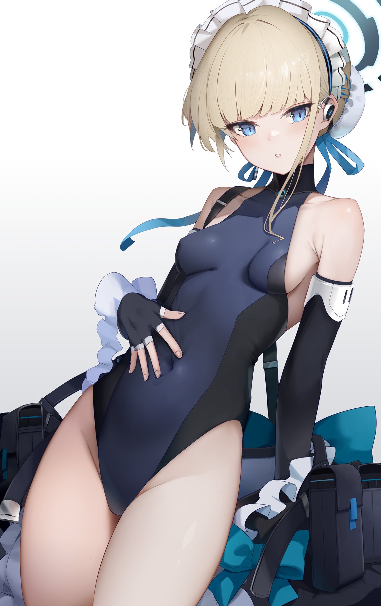 1girl apron apron_removed arm_support armpit_crease bangs bare_shoulders black_gloves blonde_hair blue_archive blue_bow blue_bowtie blue_eyes blue_leotard blue_ribbon bow bowtie bowtie_removed breasts bun_cover covered_navel cowboy_shot earpiece elbow_gloves fingerless_gloves frilled_apron frilled_hairband frills gloves groin hair_bun hair_ribbon hairband halo hand_on_own_stomach headset highleg highleg_leotard highres hukahire0120 leaning_back leotard long_hair looking_at_viewer maid_headdress parted_lips ribbon shoulder_strap sideboob sidelocks simple_background small_breasts solo taut_leotard thighs toki_(blue_archive) turtleneck two-tone_leotard white_background white_hairband