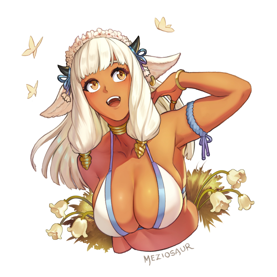 1girl alternate_costume animal_ears ash_(fire_emblem) bikini black_horns breasts brown_eyes bug butterfly cleavage collar commentary cow_ears cow_girl cow_horns cropped_torso dark-skinned_female dark_skin ear_piercing english_commentary fire_emblem fire_emblem_heroes flower head_wreath horns large_breasts long_hair looking_at_viewer looking_up meziosaur open_mouth piercing simple_background smile solo swimsuit teeth upper_teeth white_background white_bikini white_flower white_hair