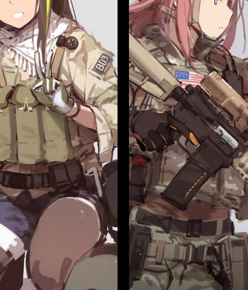 1girl ^_^ airsoft american_flag angled_foregrip ar-15 arm_up assault_rifle bandana bangs binoculars black_gloves black_pantyhose blue_eyes brown_hair camcorder camouflage closed_eyes closed_mouth commentary cowboy_shot denim denim_shorts facing_viewer fangdan_runiu girls'_frontline gloves green_hair grey_background gun hand_up handgun hands_up helmet holster laser_sight load_bearing_vest long_hair looking_to_the_side m4_carbine m4_sopmod_ii m4a1_(girls'_frontline) military military_operator military_uniform mk_18_carbine multicolored_hair night_vision_device nightmaremk2 ocp_(camo) one_knee pantyhose parted_lips pink_hair profile rifle short_shorts shorts sidelocks simple_background smile solo squatting st_ar-15_(girls'_frontline) streaked_hair thigh_holster thigh_strap trigger_discipline uniform v video_camera weapon woodland_camouflage