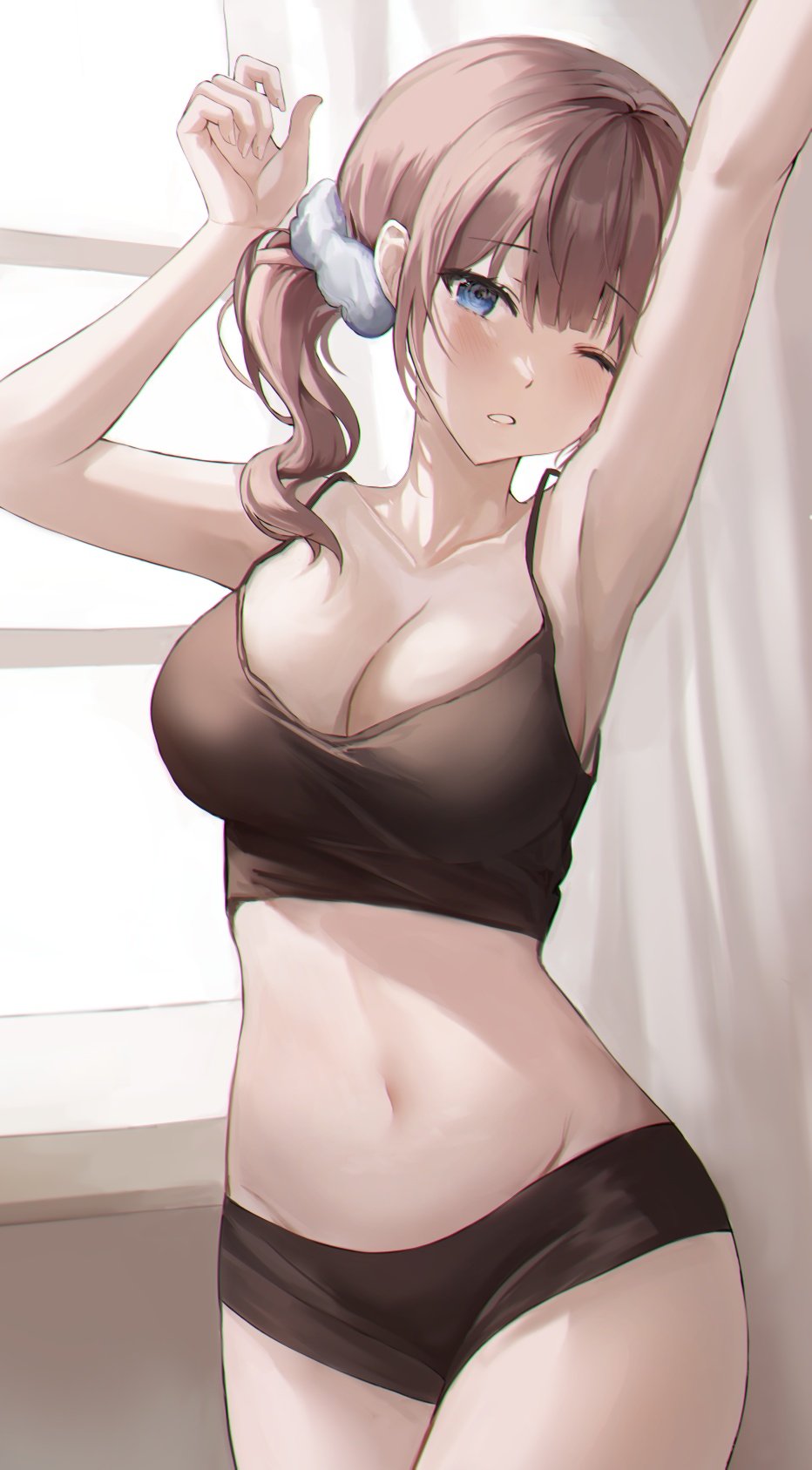 1girl armpits arms_up bare_arms bare_shoulders black_camisole black_shorts blue_eyes breasts brown_hair camisole cleavage cowboy_shot crop_top groin hair_ornament hair_scrunchie highres indoors large_breasts looking_at_viewer medium_hair mochizuki_honami navel o_cha_(seyc3447) one_eye_closed parted_lips project_sekai scrunchie short_shorts shorts side_ponytail sidelocks solo spaghetti_strap stomach thighs white_scrunchie window