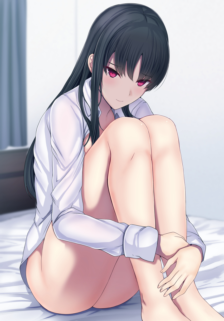 1girl bare_legs bed_sheet black_hair closed_mouth daiaru highres horikita_suzune knees_up long_hair looking_at_viewer naked_shirt no_pants on_bed red_eyes shirt sitting smile solo straight_hair thighs unbuttoned unbuttoned_shirt white_shirt youkoso_jitsuryoku_shijou_shugi_no_kyoushitsu_e