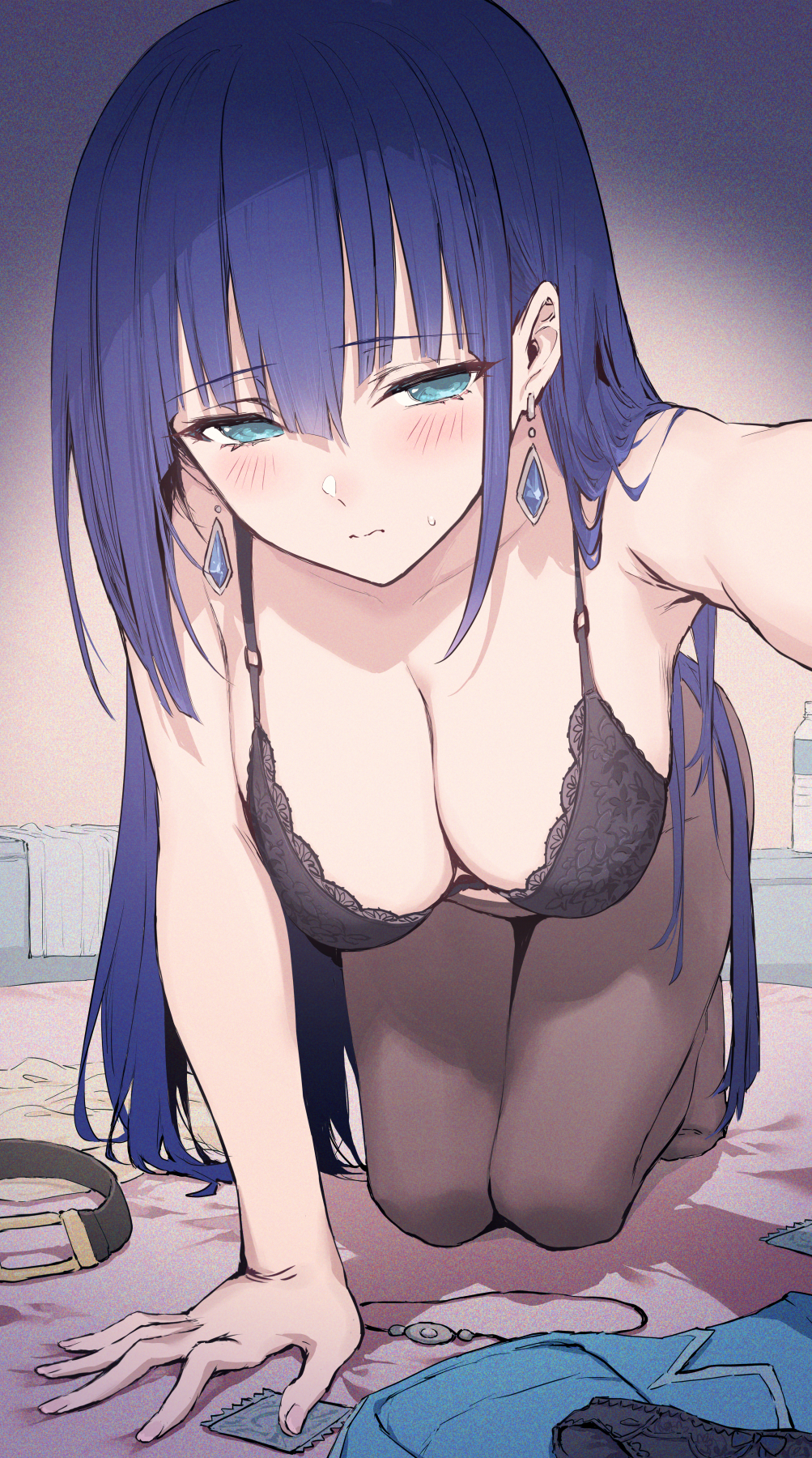 1girl a-1_pictures bangs black_bra blue_eyes blue_hair blush bra breasts cleavage engage_kiss haoni highres large_breasts lingerie long_hair looking_at_viewer navel solo thighhighs underwear yuugiri_ayano