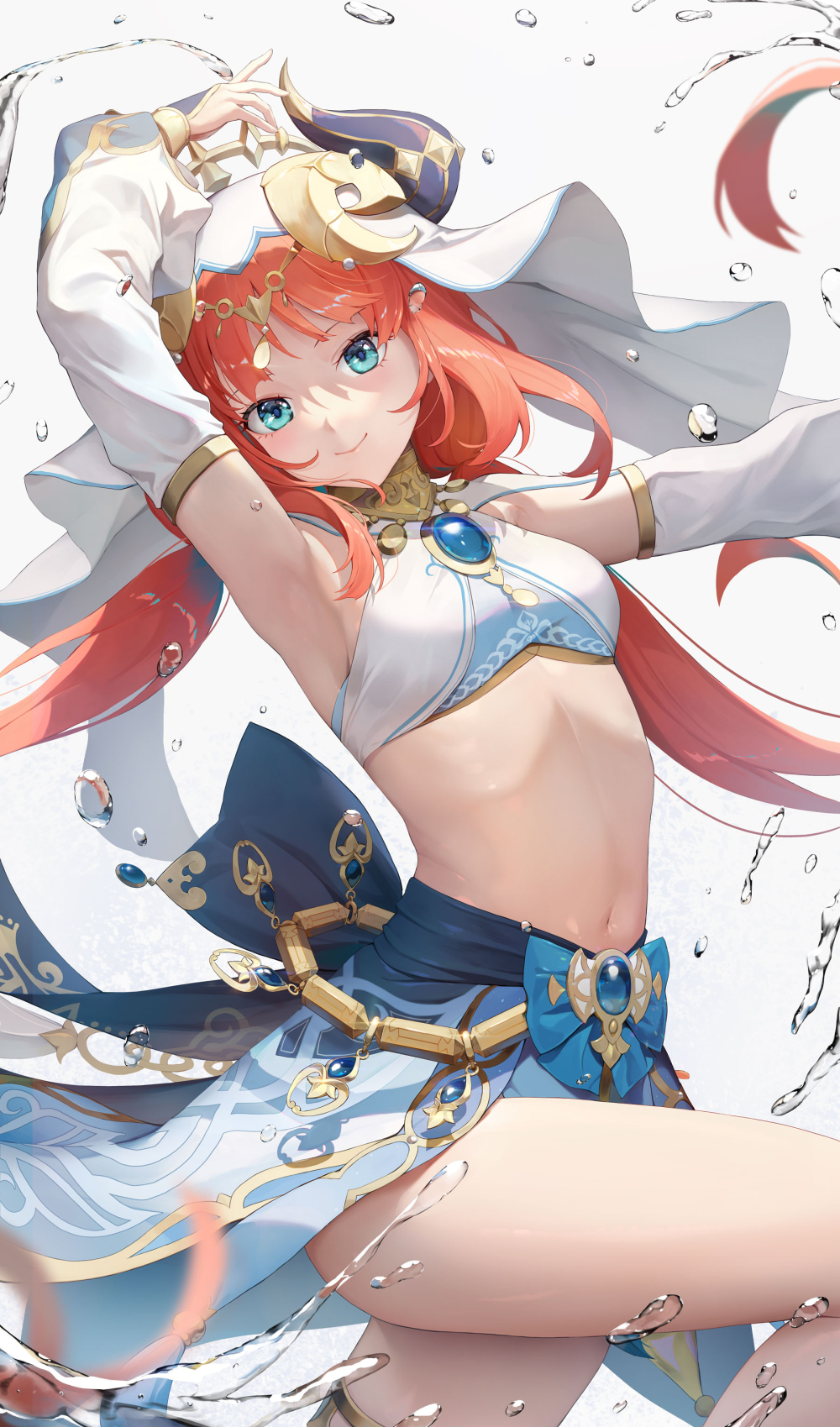 1girl aqua_eyes arabian_clothes arm_up armpits bangs blue_gemstone breasts brooch circlet closed_mouth dancer fake_horns forehead_jewel gem genshin_impact gold_choker harem_outfit highres horns jewelry long_hair looking_at_viewer navel nilou_(genshin_impact) red_hair small_breasts smile solo standing standing_on_one_leg thighlet veil white_background white_headdress white_sleeves y.i._(lave2217)