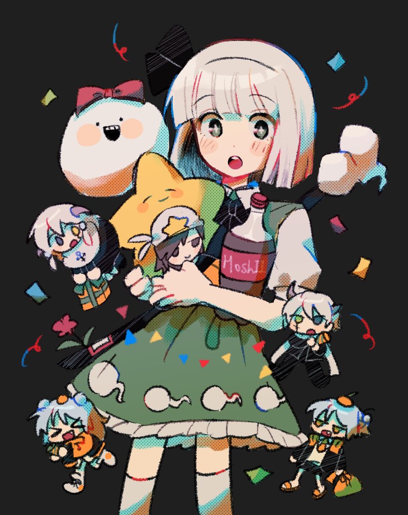 +_+ :o bangs black_background black_bow black_bowtie blunt_bangs blunt_ends blush_stickers bob_cut bottle bow bow_hairband bowtie character_request commentary cowboy_shot english_commentary green_eyes grey_hair hair_ribbon hairband heterochromia hitodama hitodama_print holding holding_bottle konpaku_youmu looking_at_viewer open_mouth over-kneehighs puffy_short_sleeves puffy_sleeves rbfnrbf_(mandarin) red_bow ribbon scabbard sheath shirt short_hair short_sleeves simple_background star_(symbol) star_print sword sword_behind_back teeth thighhighs touhou upper_teeth weapon