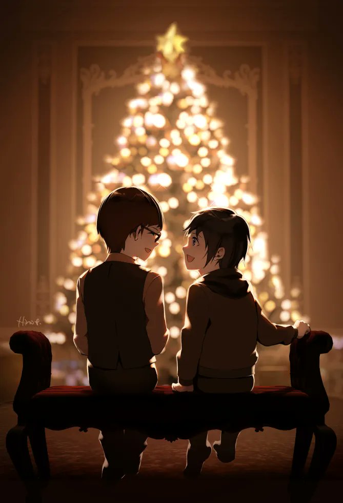 2boys artist_name black_hair blurry blurry_background brown_hair christmas christmas_tree closed_eyes collared_shirt final_fantasy final_fantasy_xv from_behind full_body glasses hinoe_(dd_works) hood hood_down hoodie ignis_scientia indoors long_sleeves looking_at_another male_child male_focus multiple_boys noctis_lucis_caelum open_mouth shirt short_hair sitting smile vest