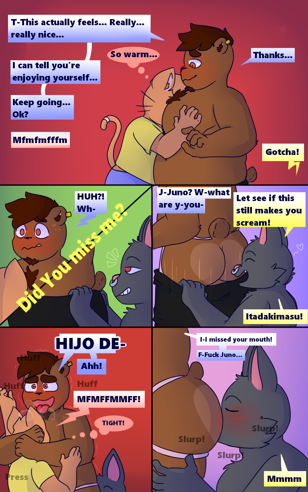 anal anthro big_butt blush breasts brown_body butt clothed clothing comic dialogue digital_media_(artwork) domestic_cat english_text facial_hair felid feline felis fur grey_body grey_fur group hair hi_res hybrid juno_(sleepywozzy) klenn_(sleepywozzy) male male/male mammal matt_(sleepywozzy) mature_anthro mature_male muscular muscular_anthro muscular_male nude open_mouth oral overweight piercing rimming sex simple_background sleepywozzy smile speech_bubble text tongue tongue_out topwear trio ursid