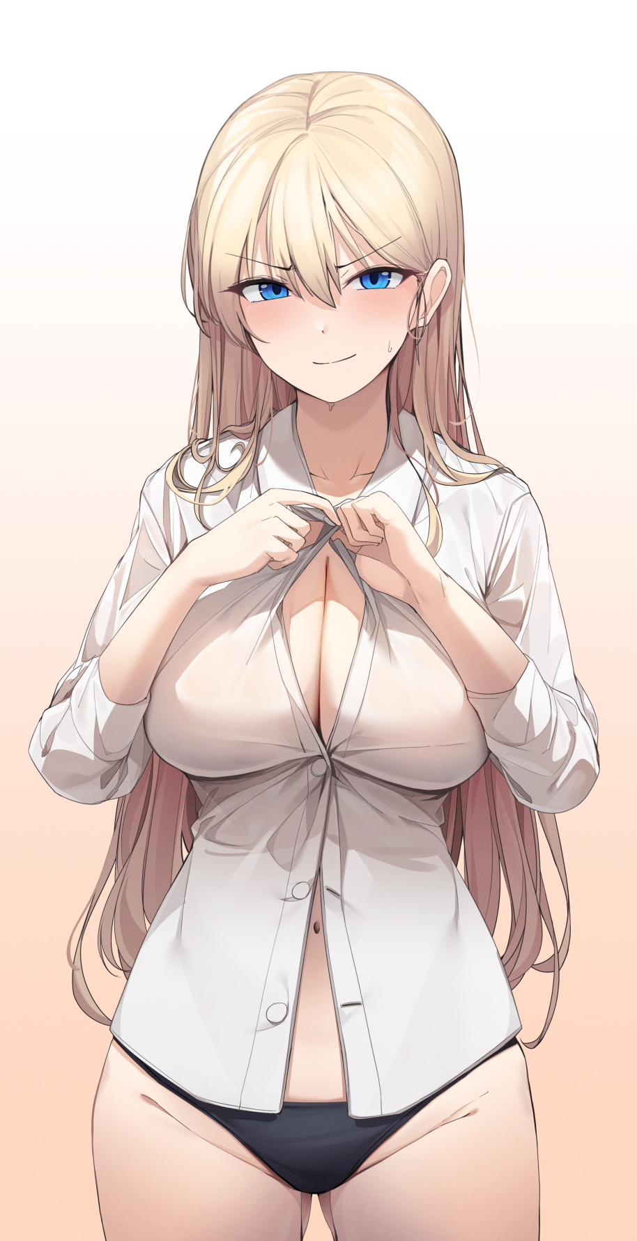 1girl ass_visible_through_thighs black_panties blonde_hair blue_eyes breasts button_gap cleavage closed_mouth collared_shirt ddangbi groin highres large_breasts long_hair long_sleeves navel no_pants original panties shirt solo sweat thighs unbuttoning underwear undressing v-shaped_eyebrows very_long_hair white_shirt