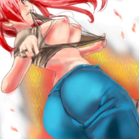 asuna_(pokemon) breasts gym_leader lowres otsukare pokemon red_hair torn_clothes