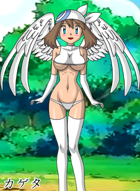 angel blush brown_hair haruka_(pokemon) kageta pokemon thighhighs underboob white_panties wings