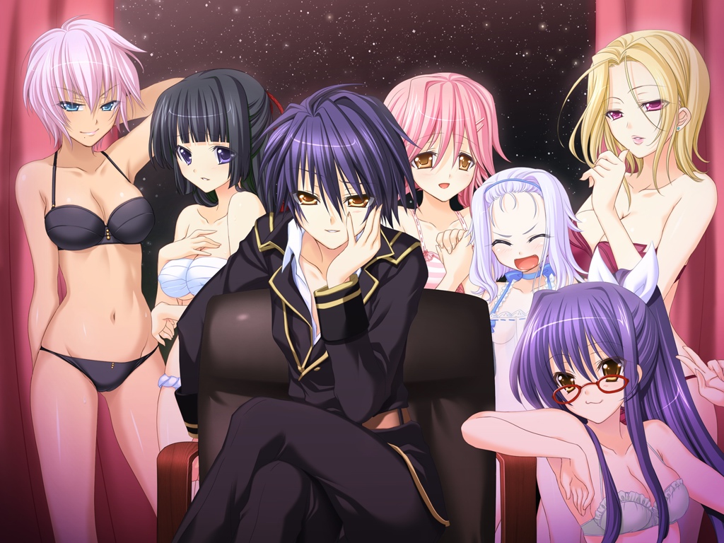 6+girls :3 androgynous arm_behind_head arm_support arm_up bangs bare_shoulders belt black_bra black_hair black_panties blonde_hair blue_eyes blue_hair blunt_bangs blush bra breasts chair cleavage collarbone curtains dark_skin earrings eyes_closed female fingernails forehead fundoshi game_cg glasses green_bra hair_between_eyes hair_ornament hair_ribbon hairband hairclip hand_on_own_chest hands hands_clasped hips indoors jewelry kumatora_tatsumi large_breasts legs legs_crossed lingerie lips long_hair looking_at_viewer mole mound_of_venus multiple_girls navel no_bra open_mouth panties pink_eyes pink_hair ponytail purple_eyes purple_hair red-framed_glasses red_bra red_panties resign reverse_trap ribbon sarashi see-through shiny shiny_hair shiny_skin short_hair silver_hair sitting skindentation smile source_request standing star striped striped_bra thighs tomboy underwear underwear_only yellow_eyes