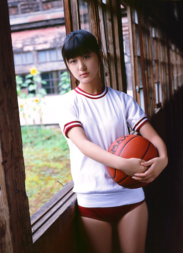 ball basketball black_hair buruma gym_uniform long_hair lowres photo solo
