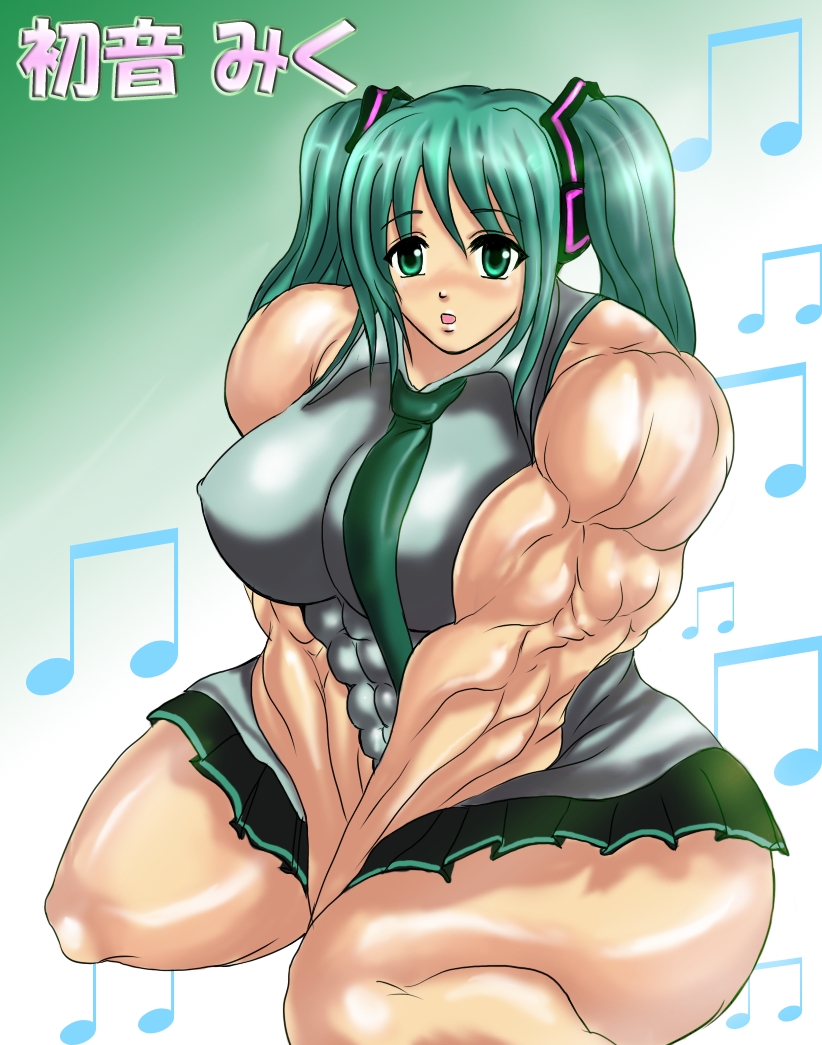 abs breasts extreme_muscles green_eyes green_hair hatsune_miku huge_breasts long_hair muscle necktie skirt twin_tails twintails vocaloid