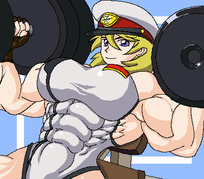 abs blond_hair blonde_hair blue_eyes breasts cap dumbbell extreme_muscles female gundam gundam_seed hat leotard lowres muscle muscles muscular ren_(tainca2000) smile solo talia_gladys weight_lifting weightlifting weights working_out workout