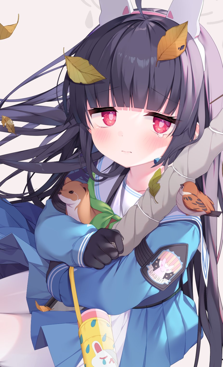 1girl ahoge animal animal_on_shoulder bangs bird black_gloves black_hair blue_archive blue_serafuku blue_shirt blue_skirt blush closed_mouth gloves green_neckerchief headgear highres leaf leaf_on_head long_hair long_sleeves looking_at_viewer miyu_(blue_archive) neckerchief object_hug pantyhose pleated_skirt puffy_long_sleeves puffy_sleeves red_eyes sailor_collar school_uniform serafuku shiika_yuno shirt skirt sleeves_past_wrists solo tears very_long_hair white_pantyhose white_sailor_collar