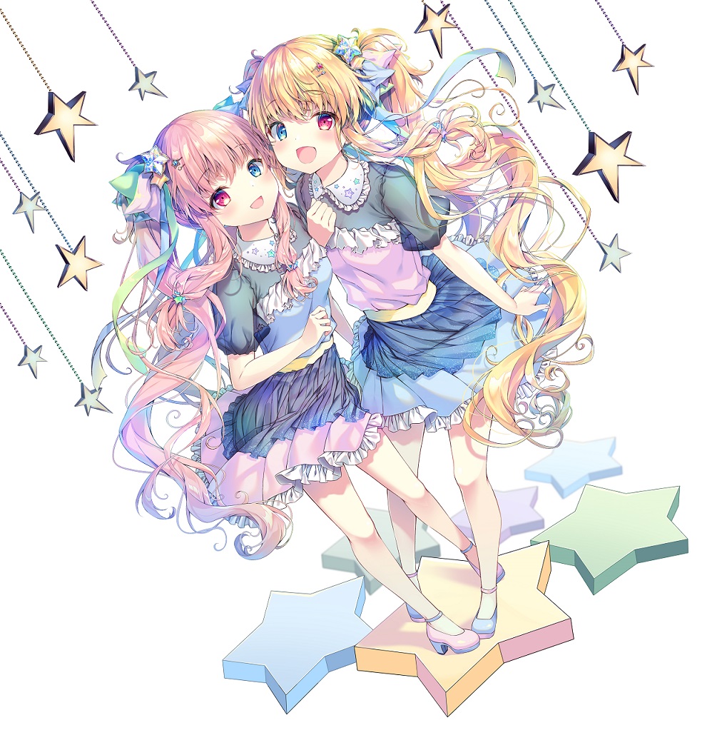2girls :d blonde_hair blue_eyes blue_footwear blue_shirt blue_skirt collared_shirt comiket_101 commentary_request dutch_angle frilled_shirt frilled_skirt frills hair_ornament hairclip heterochromia long_hair mizuki_yuuma multiple_girls original pink_footwear pink_hair pink_shirt pleated_skirt puffy_short_sleeves puffy_sleeves red_eyes see-through see-through_sleeves shirt shoes short_sleeves simple_background skirt smile standing star_(symbol) star_hair_ornament twintails very_long_hair white_background