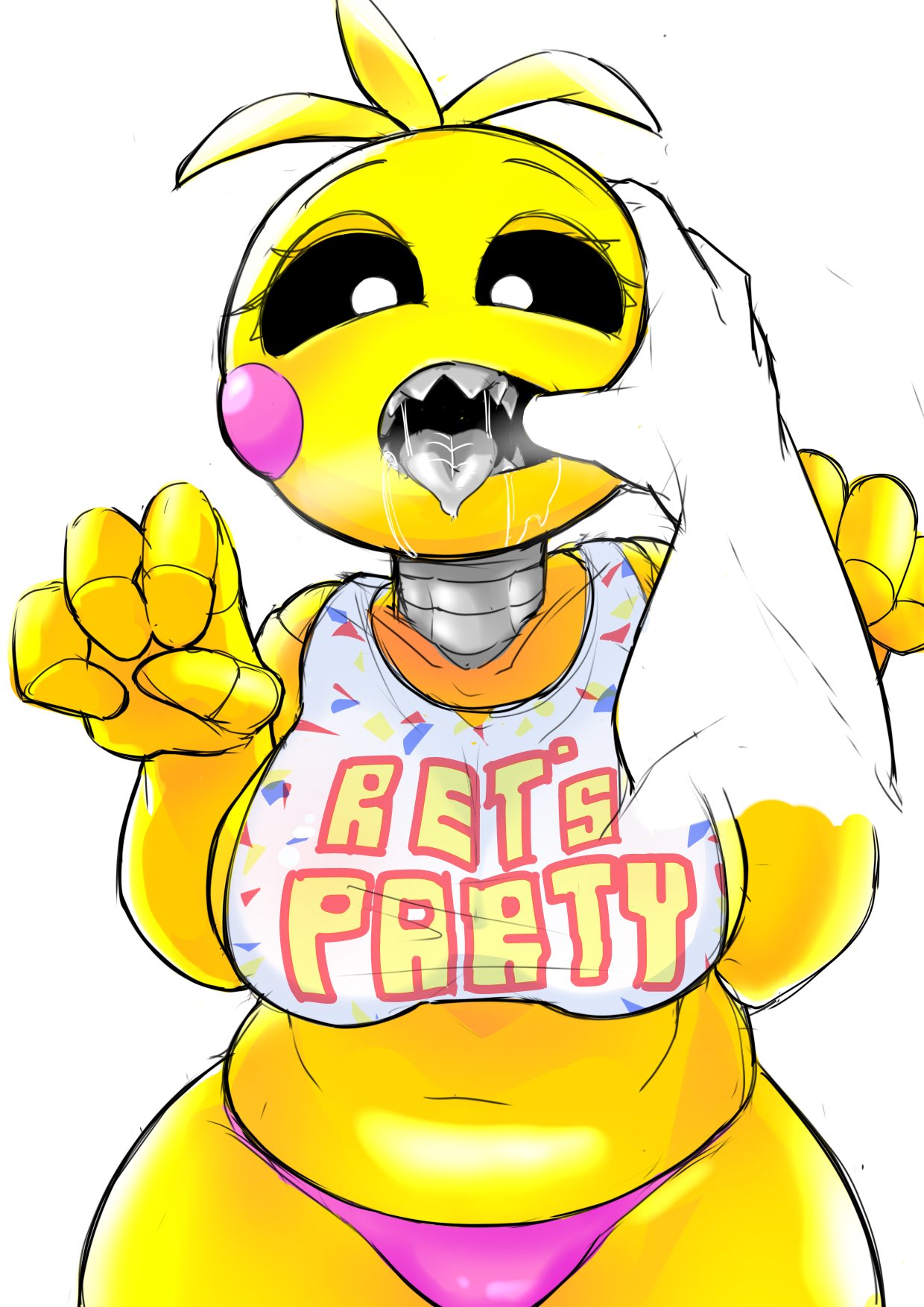animatronic anthro avian bib big_breasts bird black_eyes bodily_fluids breasts chicken clothing fangs female first_person_view five_nights_at_freddy's five_nights_at_freddy's_2 galliform gallus_(genus) hand_in_mouth hi_res looking_at_viewer machine panties phasianid robot saliva sarumoji scottgames solo text tongue tongue_out toy_chica_(fnaf) underwear video_games yellow_body
