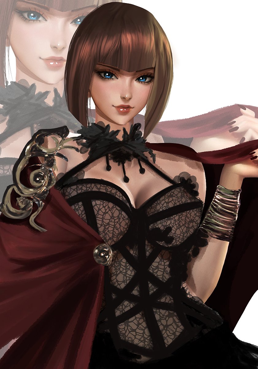 1girl anna_williams bangs bare_shoulders black_dress black_nails blue_eyes blunt_bangs bob_cut bracelet breasts cape cleavage commentary dress english_commentary eyelashes hair_strand halter_dress halterneck highres jewelry kittymiya lace_dress large_breasts lips looking_at_viewer nail_polish red_cape red_hair see-through short_hair strap tekken_8 upper_body white_background zoom_layer