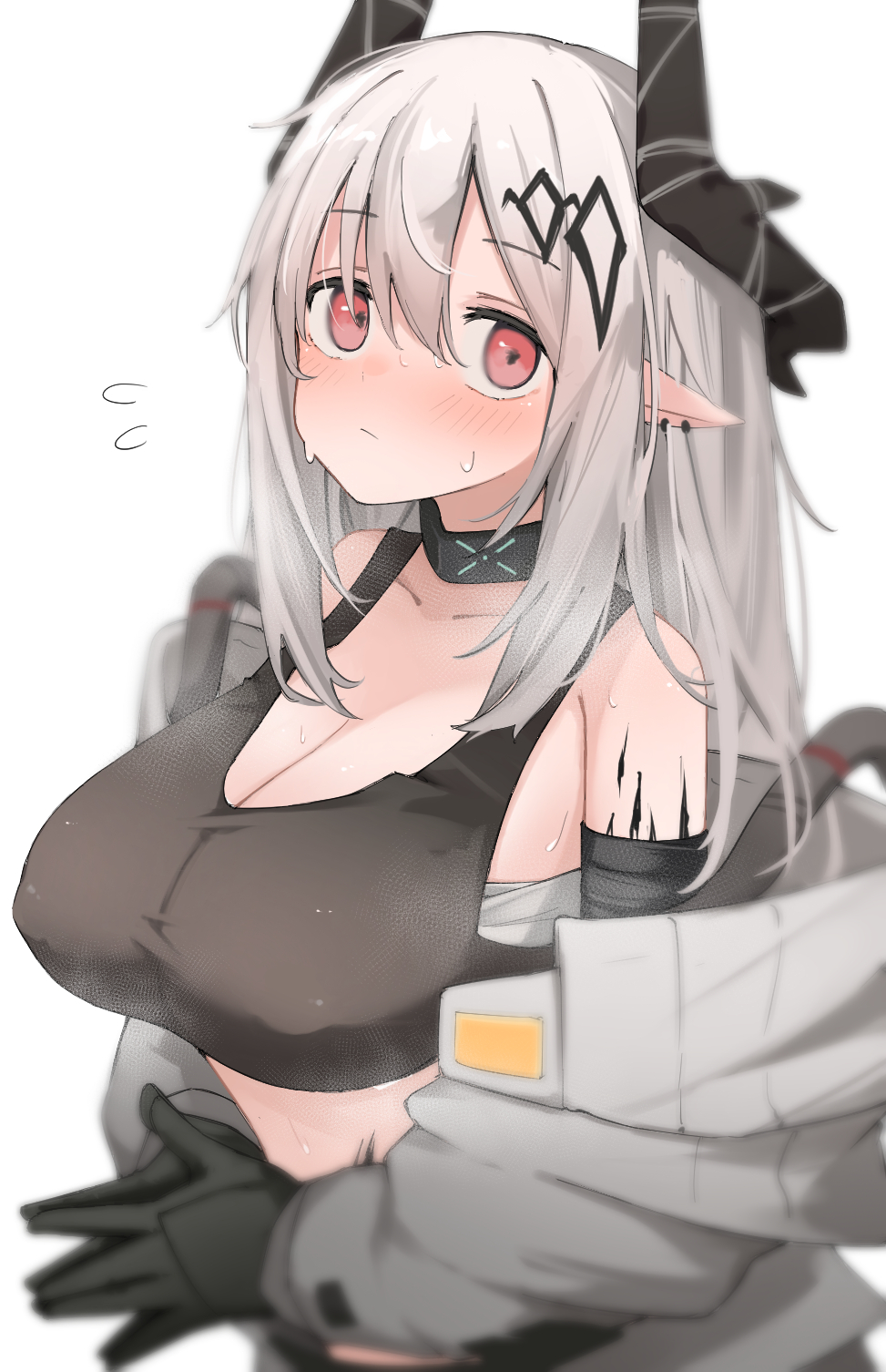 1girl arknights armor bare_shoulders black_gloves blurry blush breasts cleavage collarbone covered_nipples crop_top depth_of_field ear_piercing elite_ii_(arknights) english_commentary flying_sweatdrops gloves highres horns infection_monitor_(arknights) large_breasts long_hair looking_at_viewer mudrock_(arknights) open_clothes oripathy_lesion_(arknights) piercing pointy_ears red_eyes sarashi simple_background solo sweat tank_top upper_body white_background white_hair yuu_(yuukun_mk-ii)