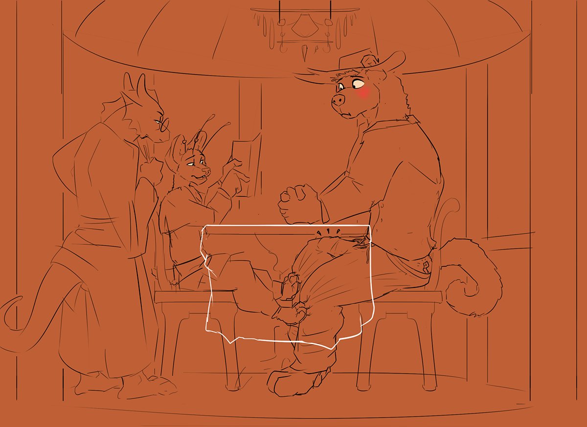 anthro bulge clasped_hands clothing cricket_talot dragonborn_(dnd) dungeons_and_dragons fek felid gazebo gnoll group hasbro hat headgear headwear male male/male mammal menu ordering_food paws restaurant tabaxi thacharay_weeds trio under_table waiter wizards_of_the_coast