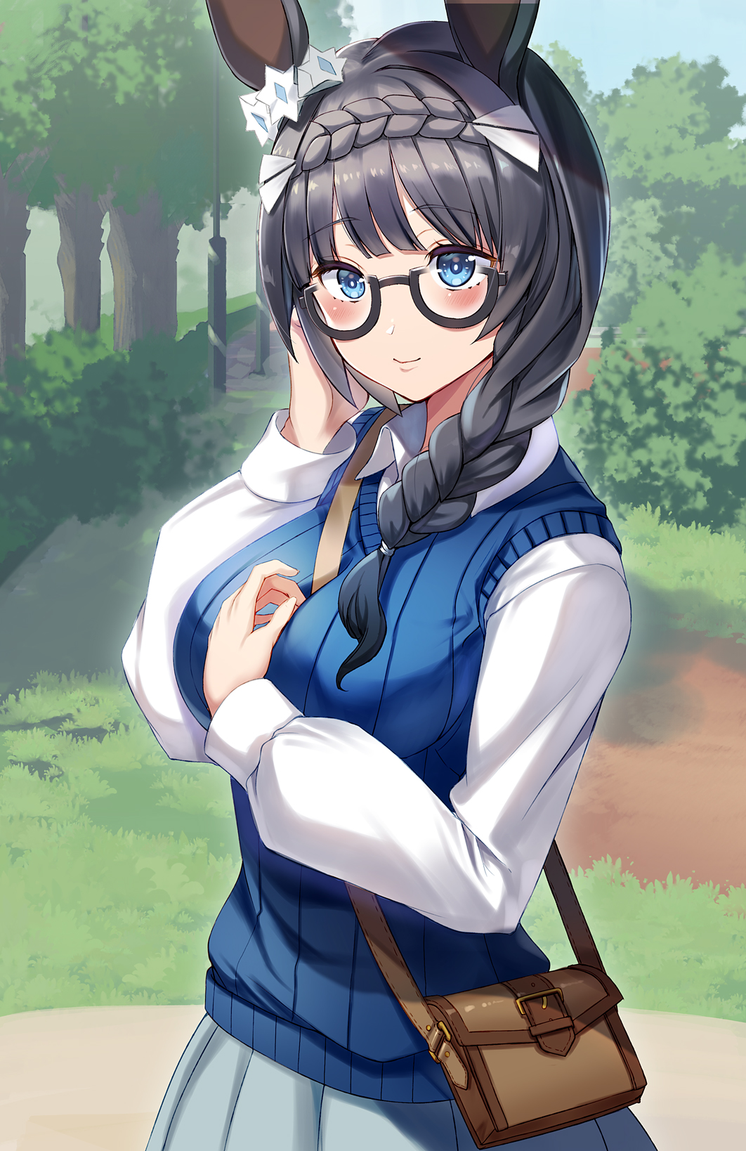 animal_ears bag between_breasts blue_eyes blurry blurry_background braid breasts commentary_request crown_braid glasses grass hair_ornament handbag highres horse_ears horse_girl lamppost large_breasts long_hair side_braid smile tree umamusume yu_ni_t zenno_rob_roy_(umamusume)