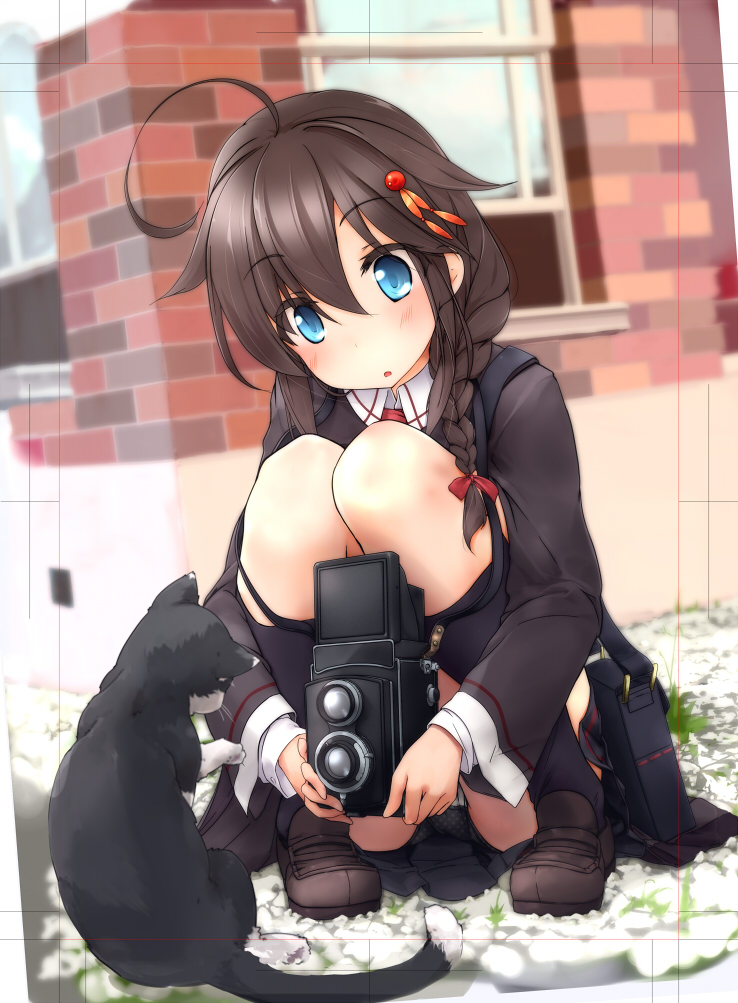 1girl :o ahoge alternate_costume ayuya_naka_no_hito black_dress black_panties blue_eyes braid brown_hair building camera cat comiket_94 dress drizzle_(module) hair_flaps hair_ornament hair_over_shoulder kantai_collection kneehighs official_alternate_costume outdoors panties shigure_(kancolle) shoes single_braid socks underwear window