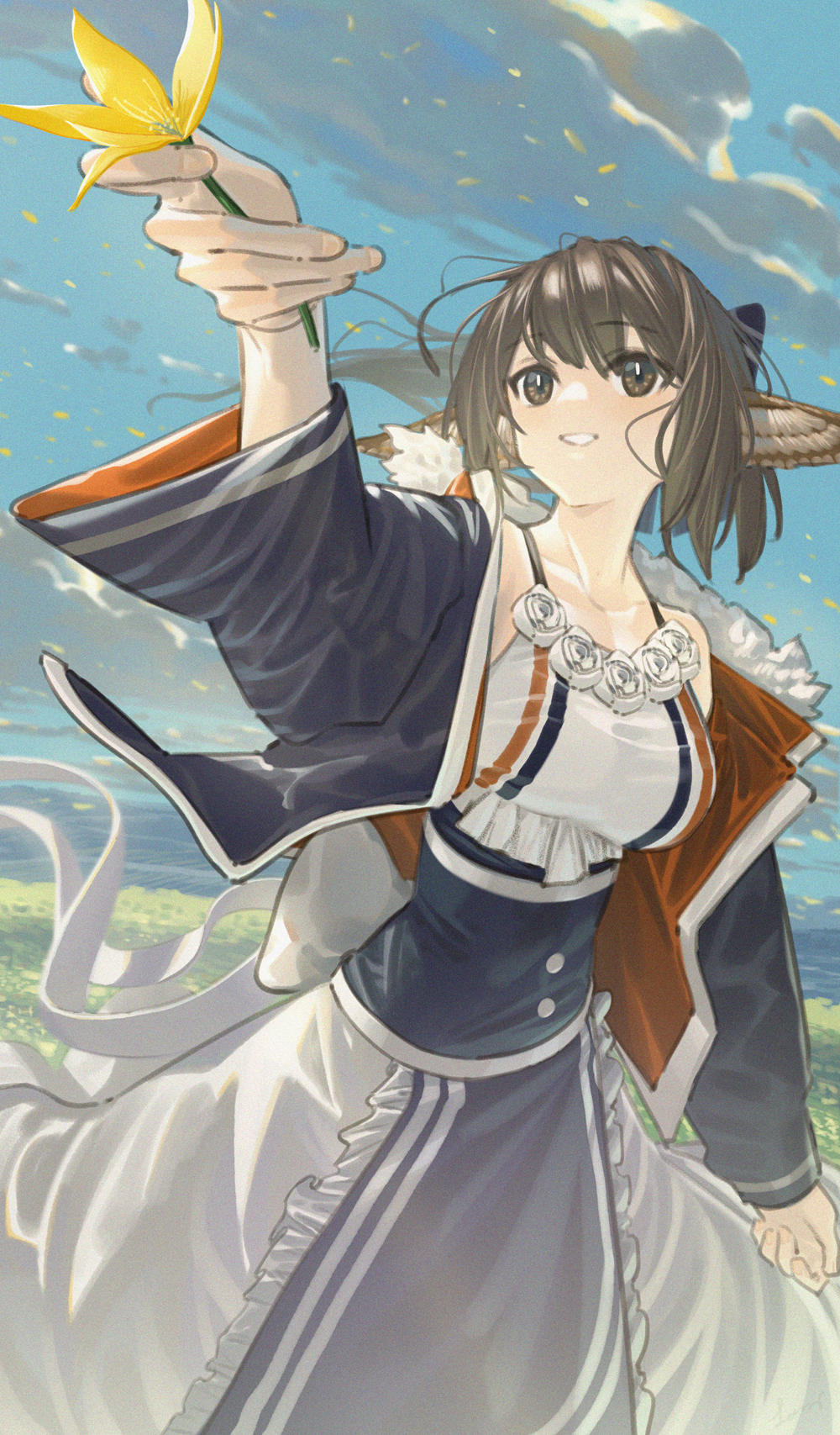 1girl animal_ears arknights blue_bow blue_jacket blue_sky bow breasts brown_eyes brown_hair cloud cloudy_sky cowboy_shot dress flower foreshortening fox_ears fox_girl hair_bow highres holding holding_flower jacket lanzi_(415460661) long_sleeves medium_breasts open_clothes open_jacket outdoors parted_lips perfumer_(arknights) sky sleeveless sleeveless_dress smile solo spaghetti_strap white_dress white_flower yellow_flower