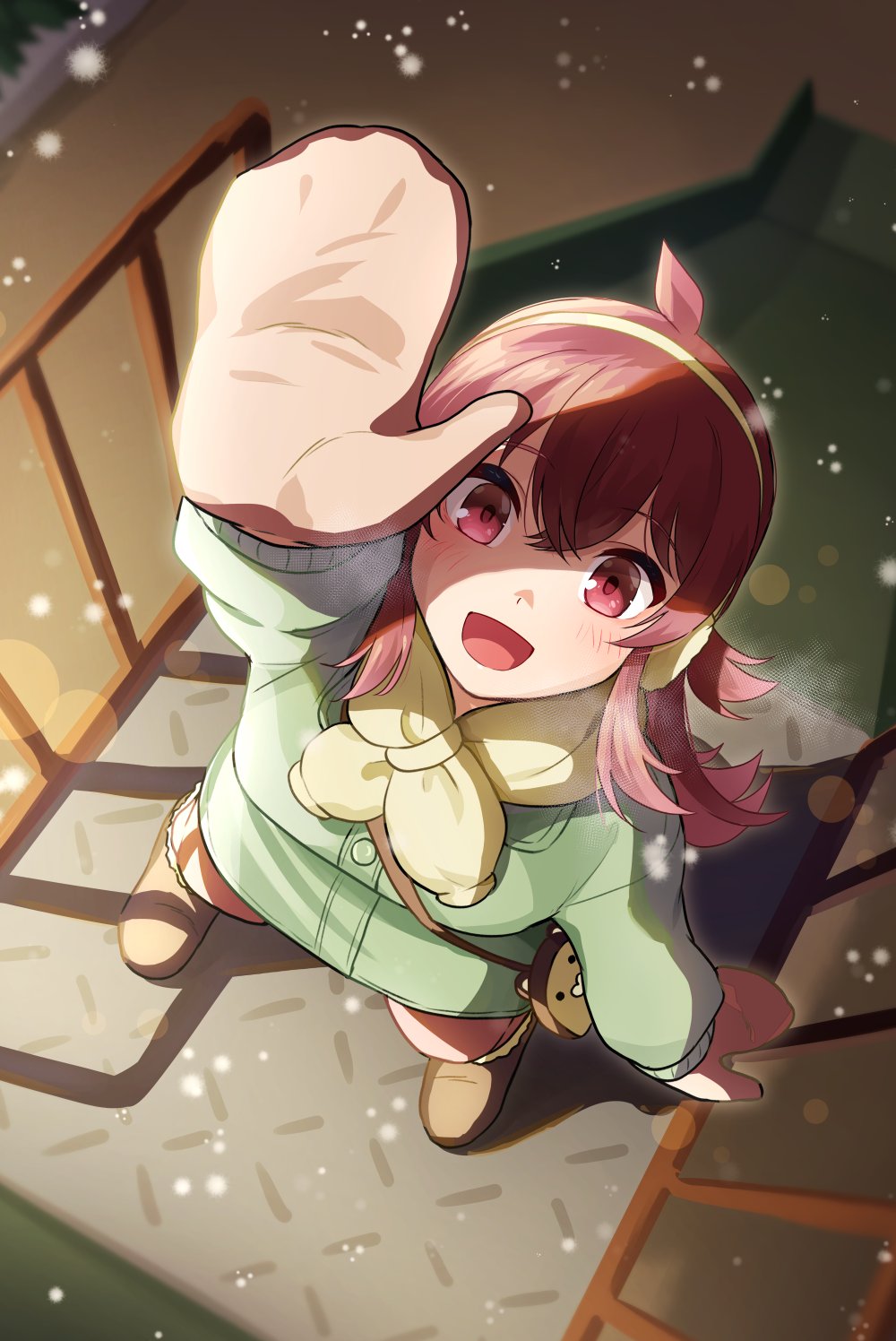 1girl ahoge animal_bag arm_up bag bangs bear_bag boots breasts breath brown_footwear brown_gloves commentary earmuffs female_child fur-trimmed_boots fur_trim gloves green_jacket hair_between_eyes hair_flaps highres idolmaster idolmaster_shiny_colors jacket kamille_(vcx68) komiya_kaho light light_blush long_hair long_sleeves looking_at_viewer looking_up medium_breasts night open_mouth railing red_eyes red_hair scarf shadow shoulder_bag slide smile snowing solo yellow_scarf