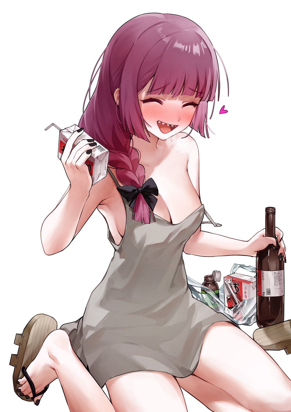 1girl ^_^ alcohol bag bangs bare_legs bare_shoulders blunt_bangs blush bocchi_the_rock! bottle bow braid breasts cleavage closed_eyes collarbone dress drunk g_li geta hair_over_shoulder heart highres hime_cut hiroi_kikuri holding holding_carton kneeling large_breasts legs_folded long_hair nail_polish no_bra nose_blush open_mouth plastic_bag sandals sharp_teeth short_dress sideboob simple_background sleeveless sleeveless_dress smile solo strap_slip teeth thighs white_background wine wine_bottle