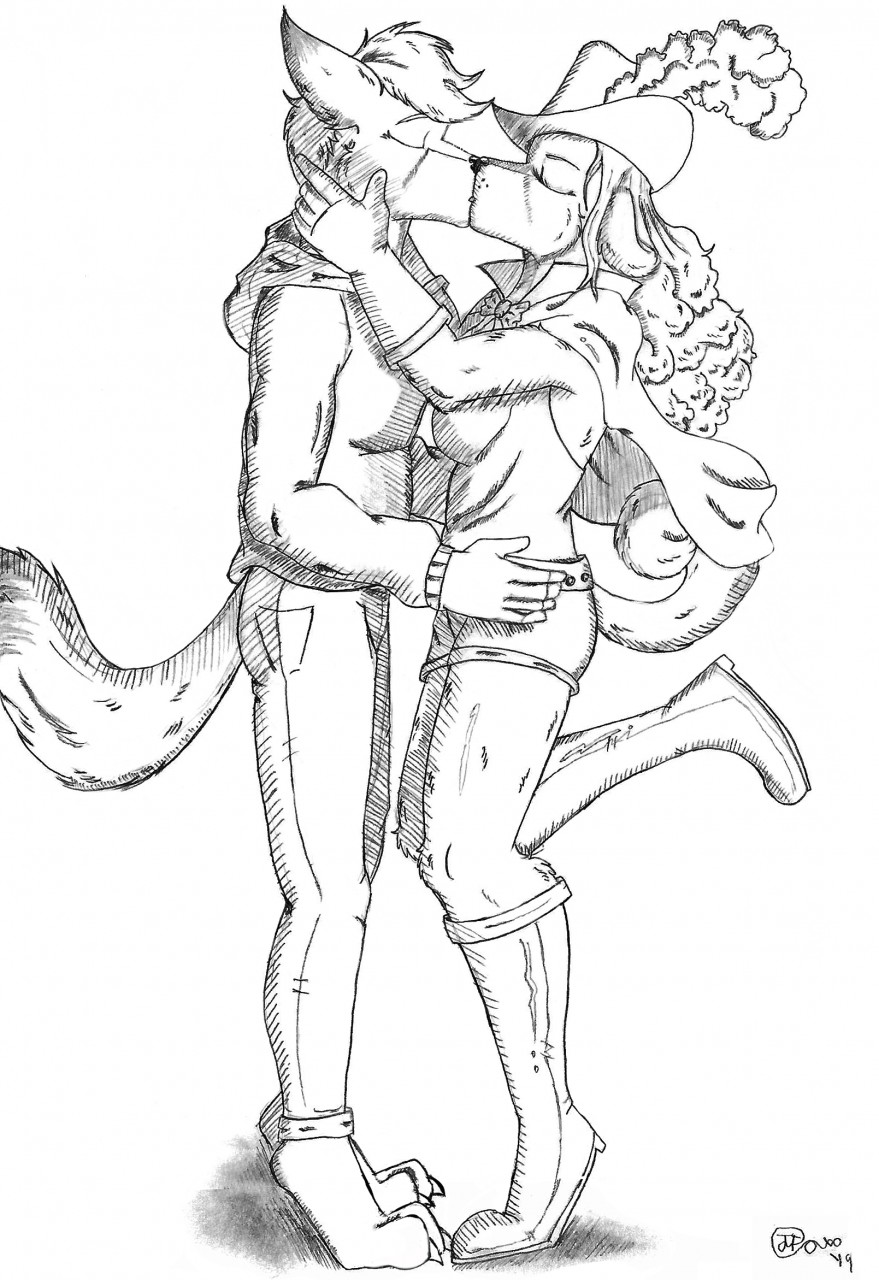 2019 anthro barefoot boots bottomwear canid canine canis cape clothed clothing domestic_dog duo embrace eyes_closed feet female footwear fox fur go1den_(wanda_fan_one_piece) hair hat headgear headwear hi_res jacket jimfoxx kissing male male/female mammal monochrome one_piece pants raised_leg raised_tail signature tiptoes topwear wanda_(one_piece)