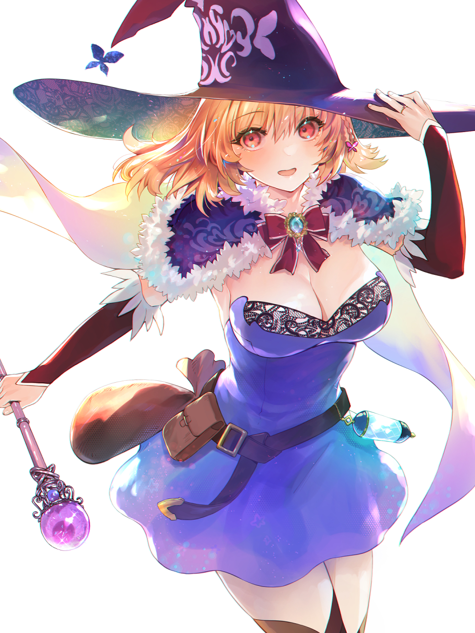 1girl arm_warmers belt belt_pouch blonde_hair blue_dress bow bowtie braid breasts brown_eyes butterfly_hair_ornament capelet cleavage cowboy_shot dress elbow_gloves fur_trim gloves hair_ornament hat highres holding holding_staff jewelry looking_at_viewer miria_(sonna_hiroki_mo_isekai_e) open_mouth pouch red_bow red_bowtie ring sagara_riri side_braid simple_background solo sonna_hiroki_mo_isekai_e staff strapless strapless_dress wedding_ring white_background witch witch_hat