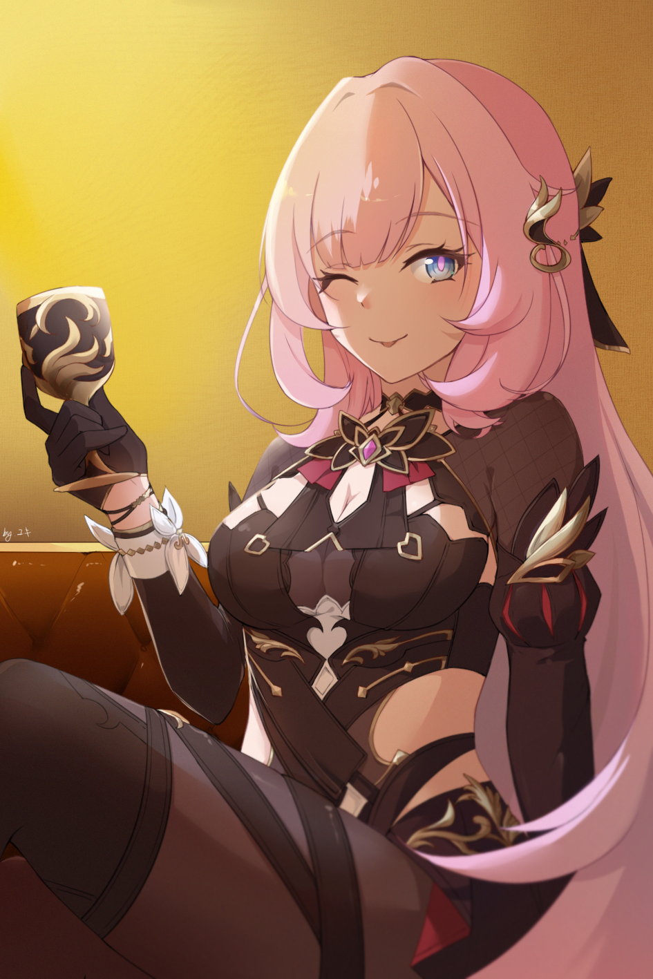 1girl bangs blue_eyes breasts cleavage cleavage_cutout closed_mouth clothing_cutout cosplay couch dress eden_(honkai_impact) eden_(honkai_impact)_(cosplay) elf elysia_(honkai_impact) gloves hair_ornament highres holding_goblet honkai_(series) honkai_impact_3rd long_hair long_sleeves looking_at_viewer one_eye_closed pink_hair pointy_ears purple_dress purple_gloves sitting smile solo tongue tongue_out yellow_background yuki_(rfi5607)