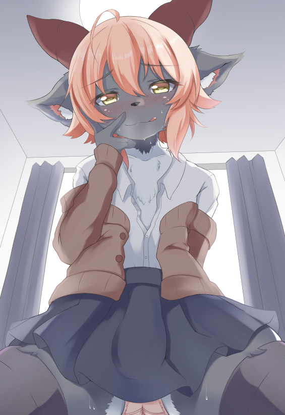 2021 an_chobi94 anthro blep blush bottomwear bovid caprine clothed clothing crossdressing digital_media_(artwork) fur girly goat hair horn kemono legwear looking_at_viewer low-angle_view male male_anthro mammal panties skirt solo thigh_highs tongue tongue_out underwear