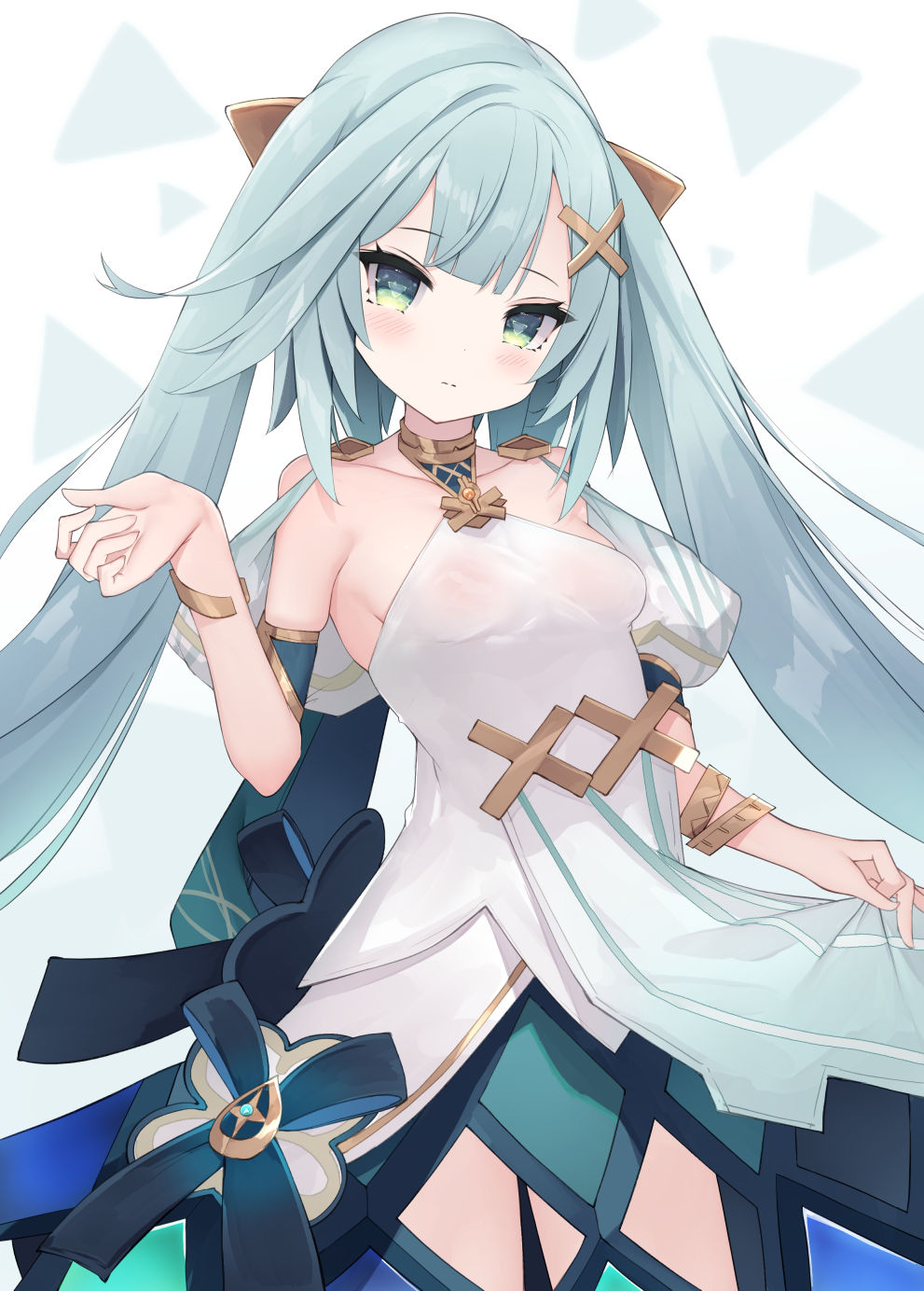 1girl blue_hair blush bracelet cisyo cowboy_shot dress faruzan_(genshin_impact) genshin_impact green_eyes hair_ornament head_tilt highres jewelry looking_at_viewer see-through see-through_dress sleeveless sleeveless_dress solo white_dress x_hair_ornament