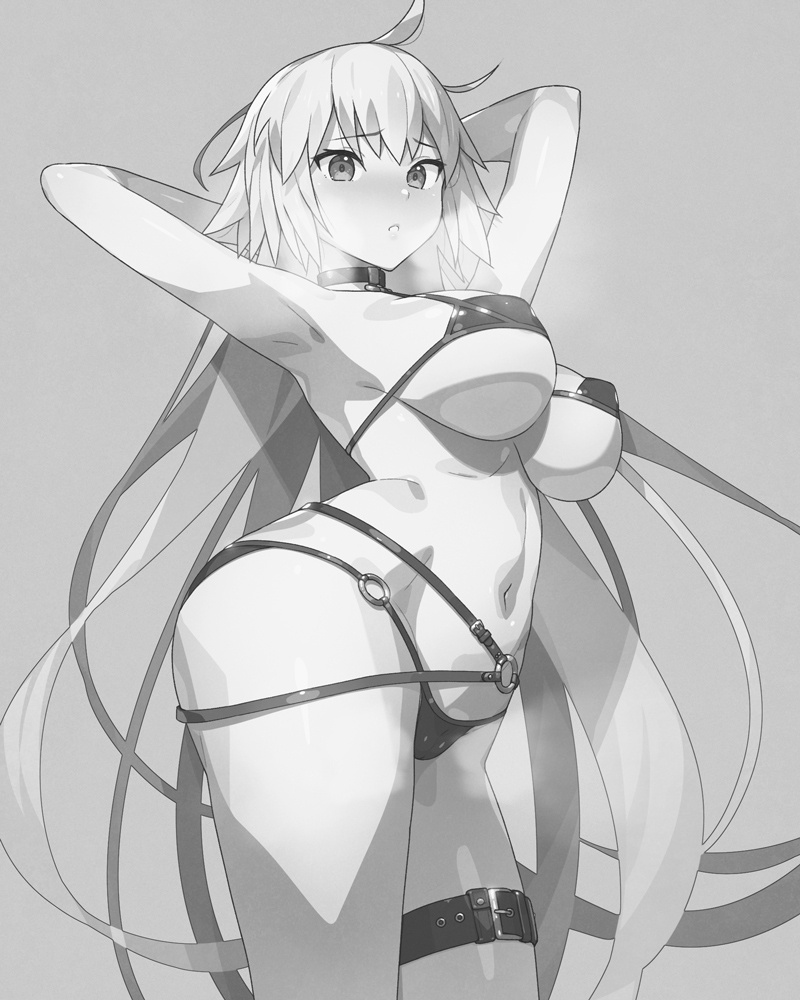 1girl ahoge armpits arms_behind_head arms_up bangs bikini breasts choker cleavage collarbone fate/grand_order fate_(series) greyscale jeanne_d'arc_alter_(fate) jeanne_d'arc_alter_(swimsuit_berserker)_(fate) large_breasts long_hair looking_at_viewer monochrome munashi_mujou navel o-ring o-ring_bikini solo swimsuit thigh_strap thighs very_long_hair