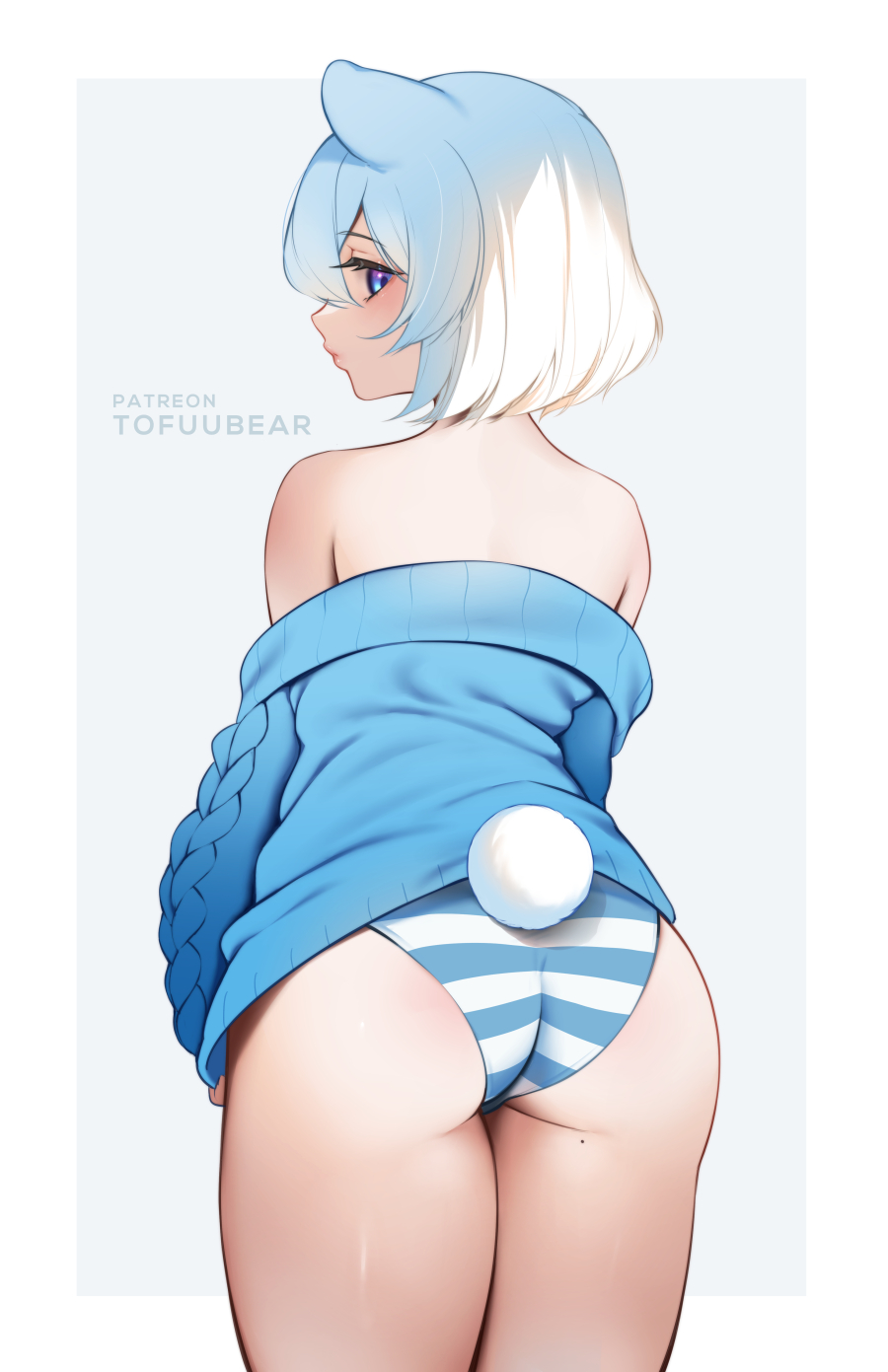 1girl animal_ears ass back bangs bear_ears bear_girl bear_tail blue_eyes blue_panties blue_sweater blush breasts highres long_sleeves looking_at_viewer looking_back off_shoulder original panties short_hair solo striped striped_panties sweater tail thighs tofuu-chan_(tofuubear) tofuubear underwear white_hair