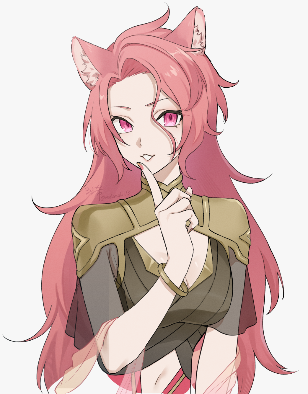 1girl animal_ears bracelet breasts brown_shirt cleavage clothing_cutout cropped_torso curtained_hair finger_to_mouth fox_ears fox_girl hair_strand hajimari_no_kioku highres jewelry long_hair looking_at_viewer navel_cutout orange_shawl parted_lips phruity pink_eyes pink_hair pink_nails rozu_ki see-through see-through_shawl see-through_sleeves shawl shirt short_sleeves simple_background solo white_background