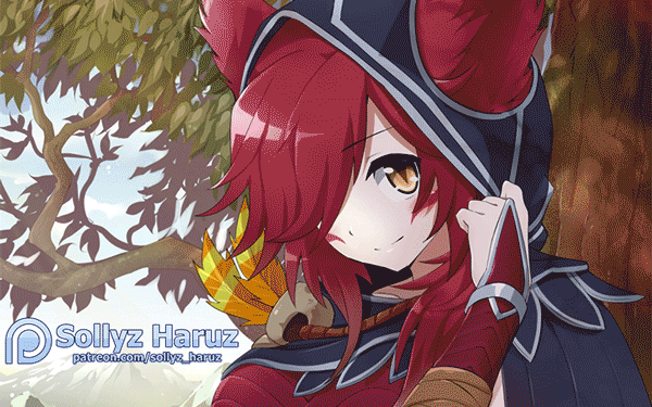 1girl animated animated_gif artist_name bangs black_cape breasts cape facial_mark feathers hand_up hood hood_up large_breasts league_of_legends long_hair long_sleeves orange_eyes outdoors portrait red_hair shiny shiny_hair smile sollyz solo tree web_address xayah